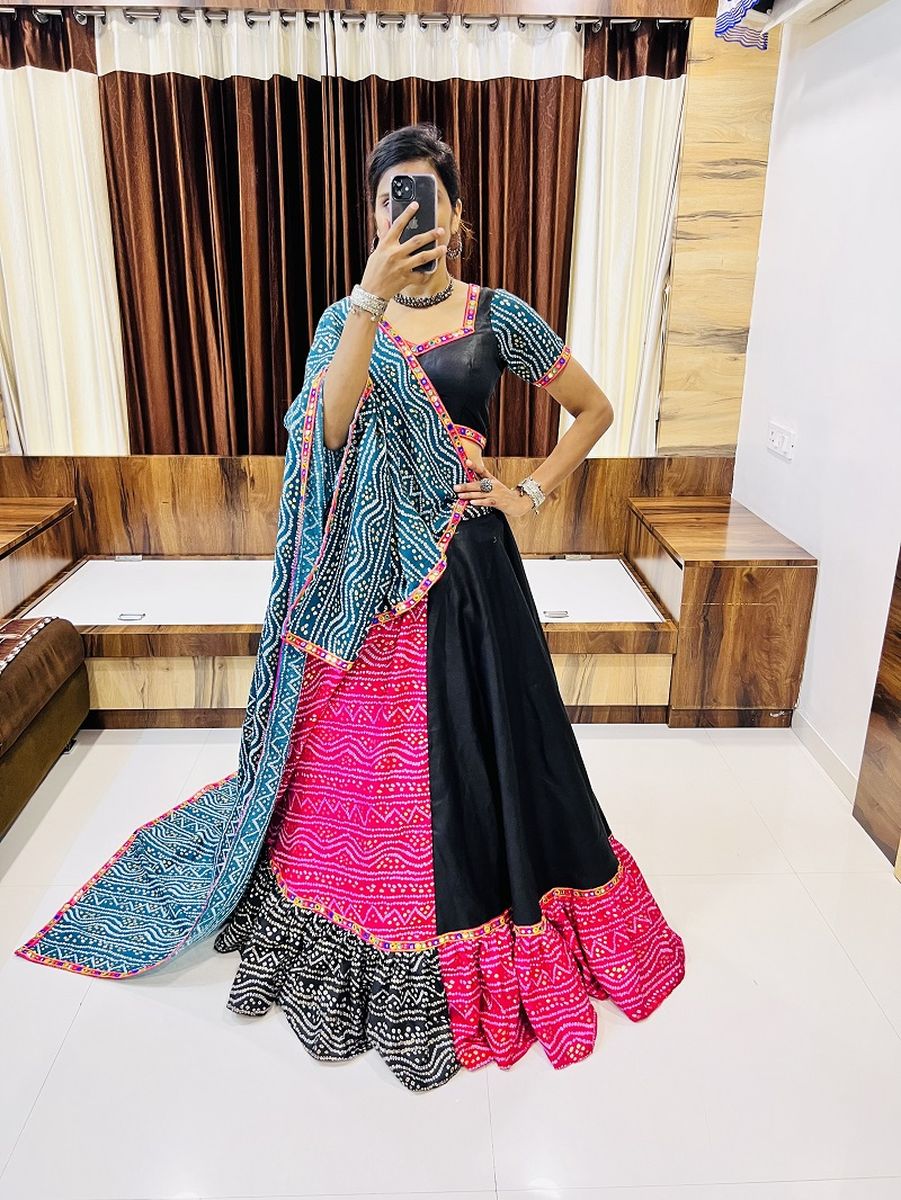 Pink and black color pure cotton silk printed lehenga with Gamthi lacework and mirror work detailing