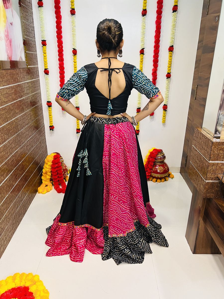 Pink and black color pure cotton silk printed lehenga with Gamthi lacework and mirror work embellishments