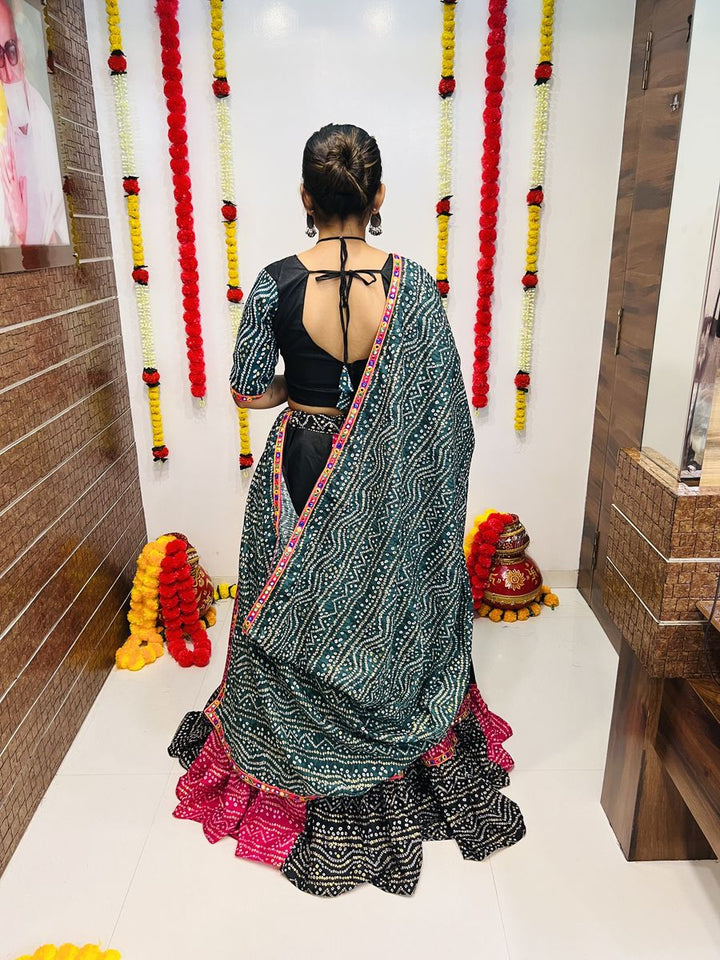 Traditional gamthi lacework and mirror work embellishments on the lehenga