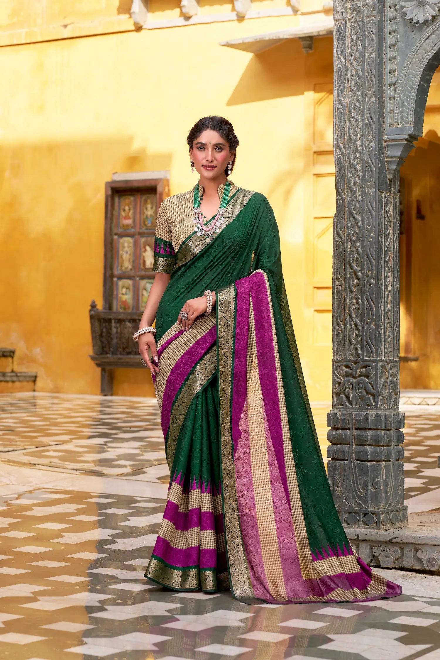 Green Poly Cotton Saree With Print & Zari Weaving Work - qivii