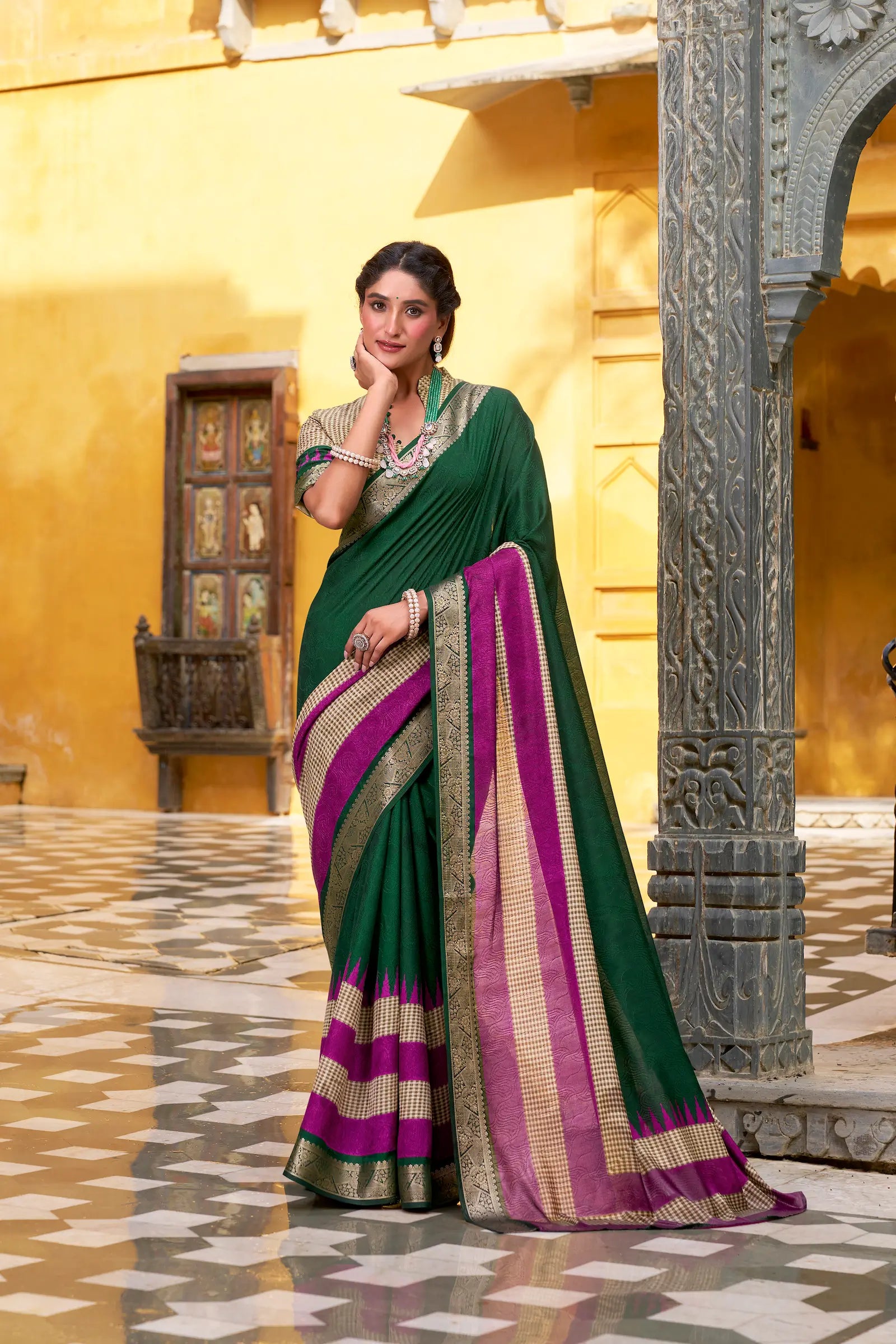 Green Poly Cotton Saree With Print & Zari Weaving Work - qivii