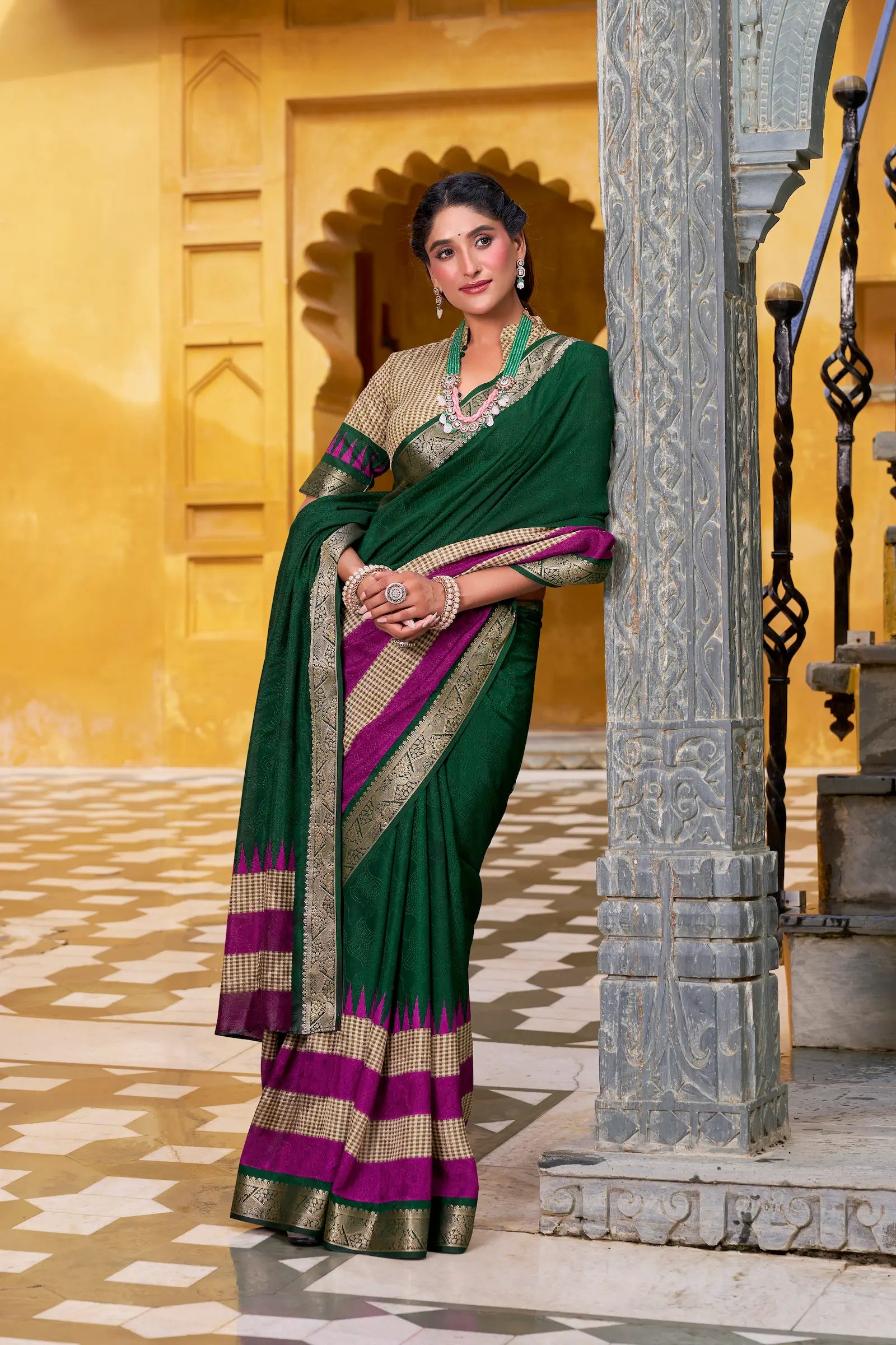 Green Poly Cotton Saree With Print & Zari Weaving Work - qivii
