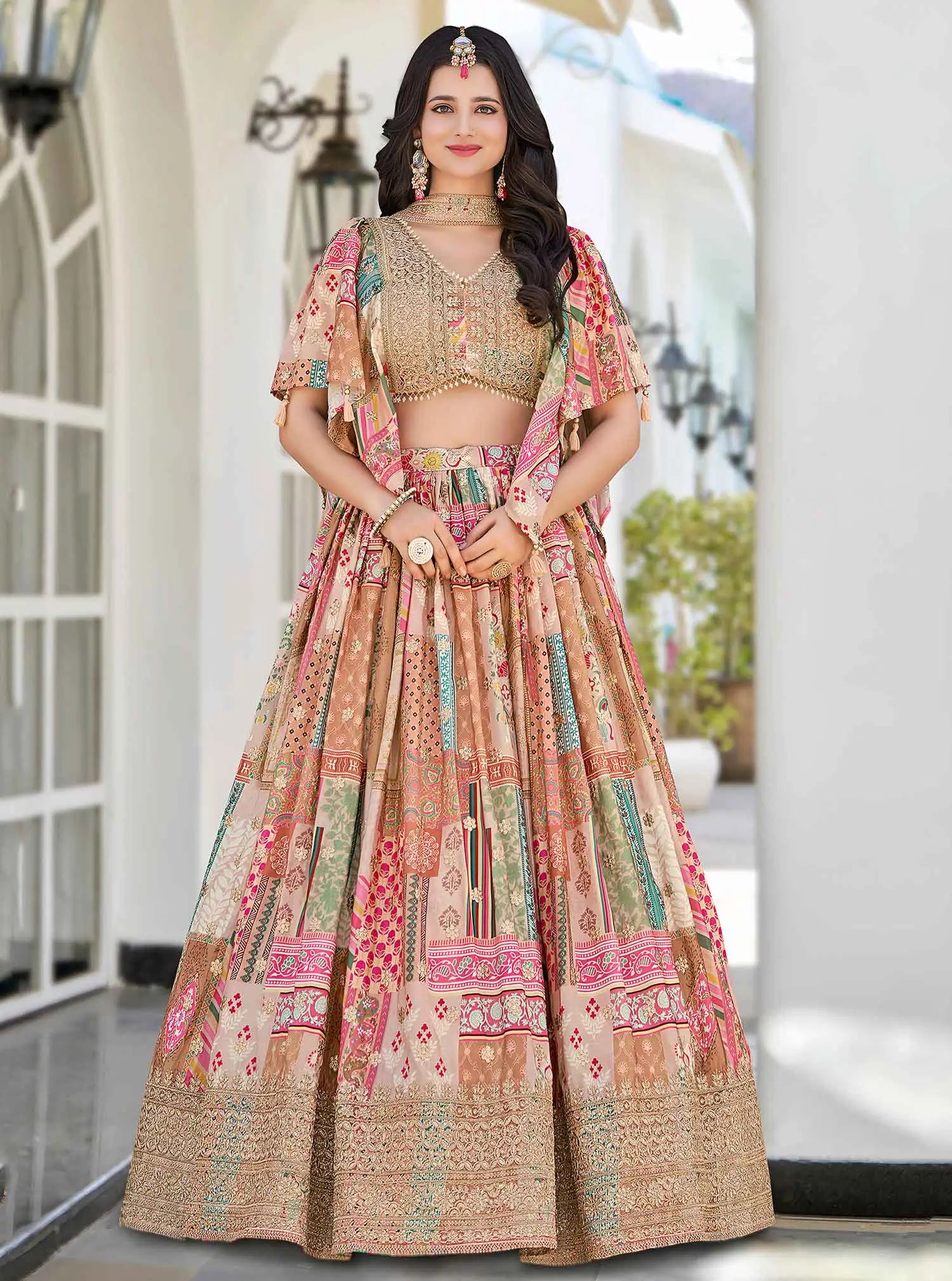 Beige Digital Print And Embroidery Work Lehenga With Stylish Blouse - qivii