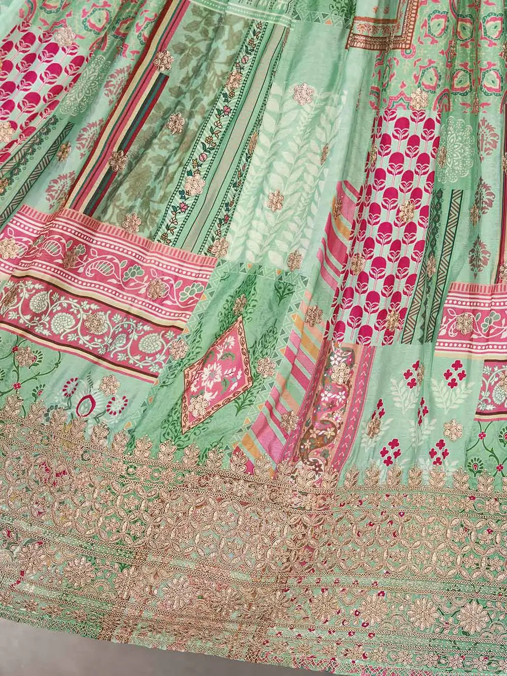 Light Green Digital Print And Embroidery Work Lehenga With Stylish Blouse - qivii