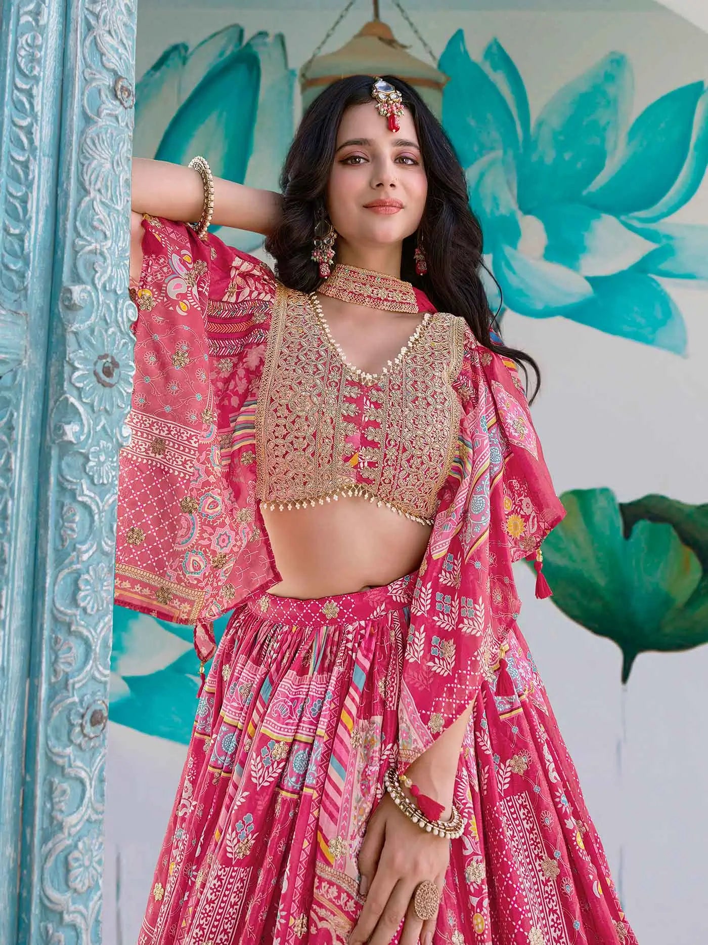 Pink Digital Print And Embroidery Work Silk Lehenga With Stylish Blouse - qivii