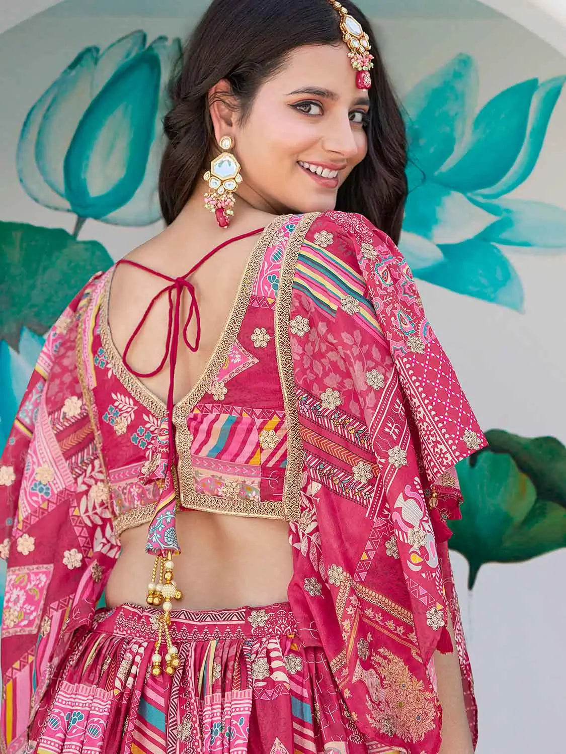 Pink Digital Print And Embroidery Work Silk Lehenga With Stylish Blouse - qivii