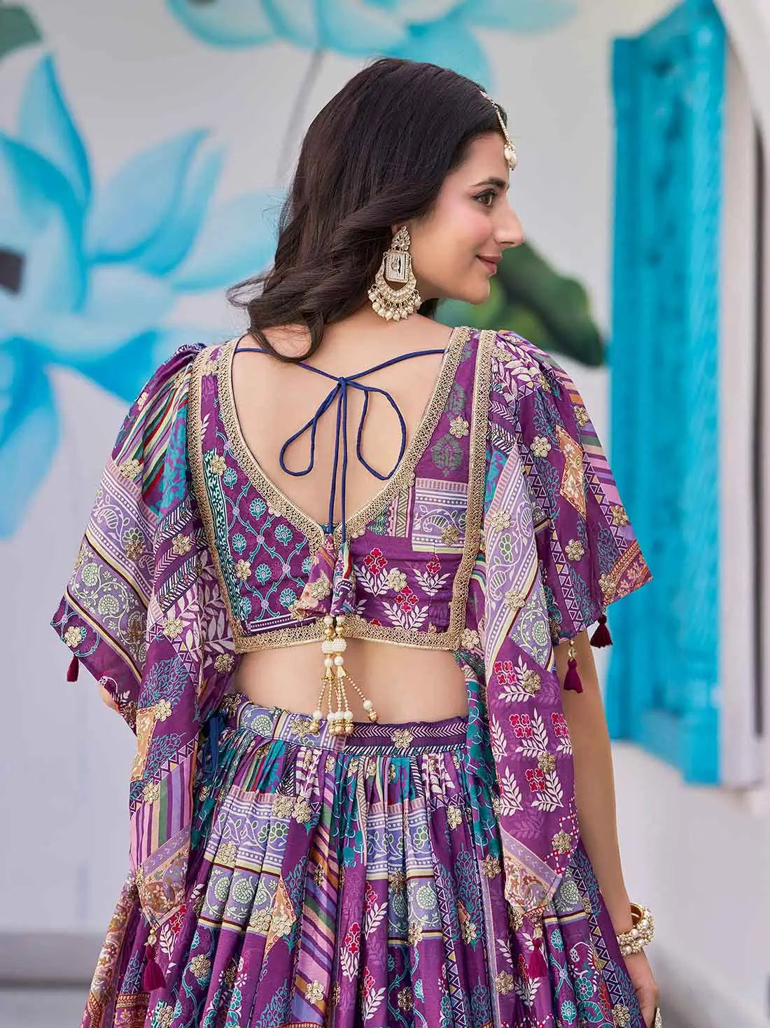 Purple Digital Print And Embroidery Work Lehenga With Choker Style Dupatta - qivii