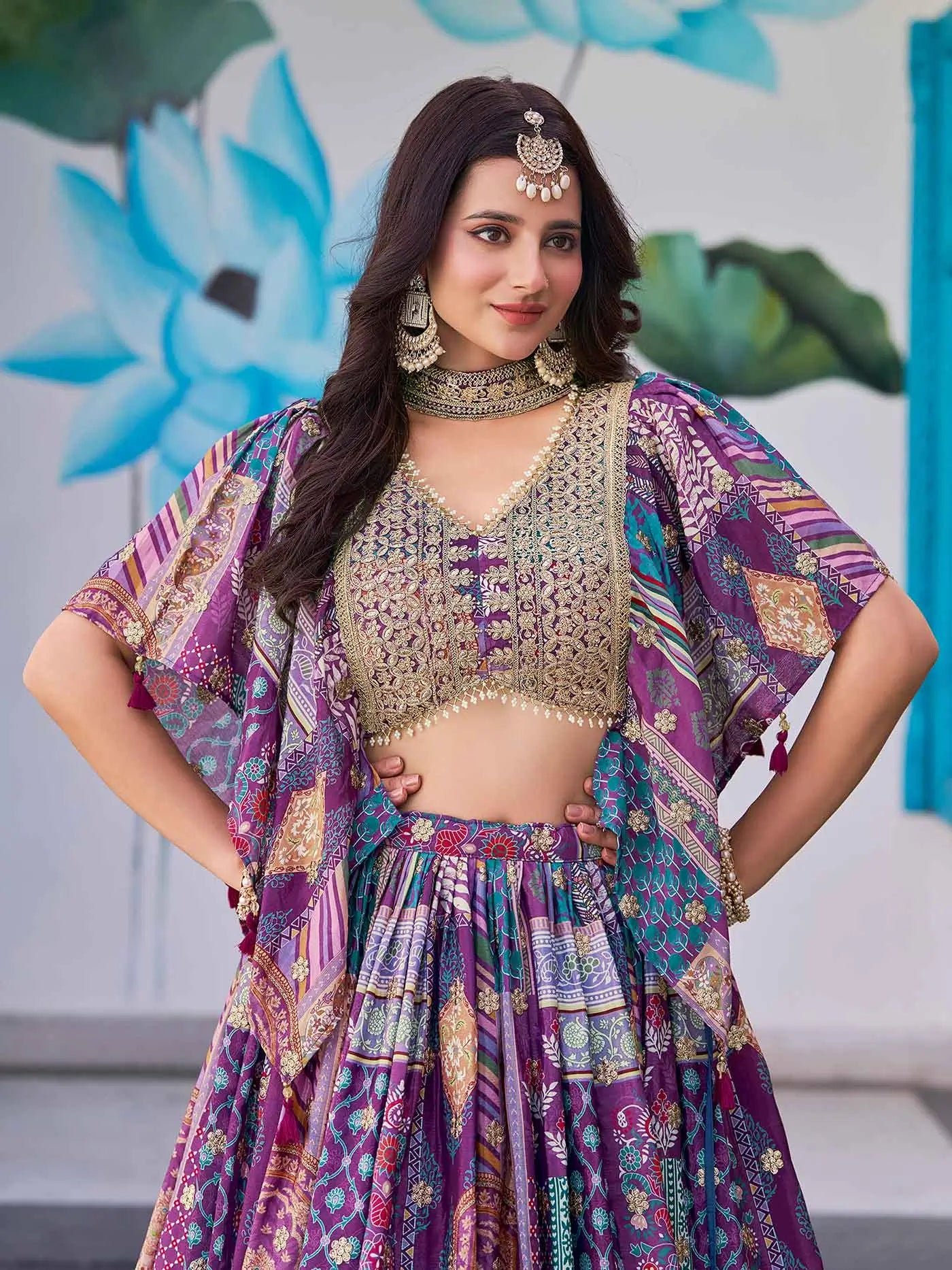Purple Digital Print And Embroidery Work Lehenga With Choker Style Dupatta - qivii