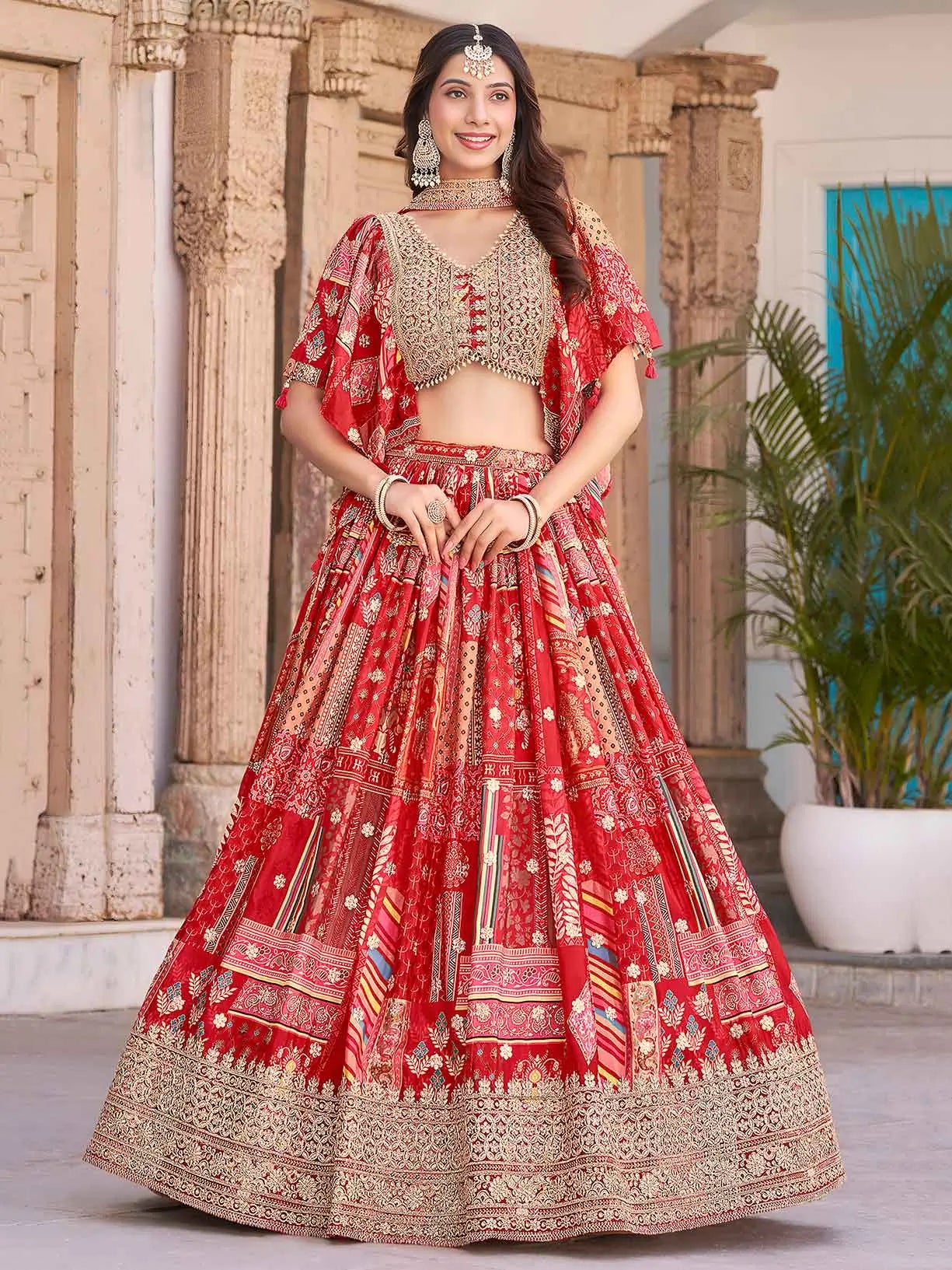 Red Silk Lehenga With Digital Print And Embroidery Work With Stylish Blouse - qivii