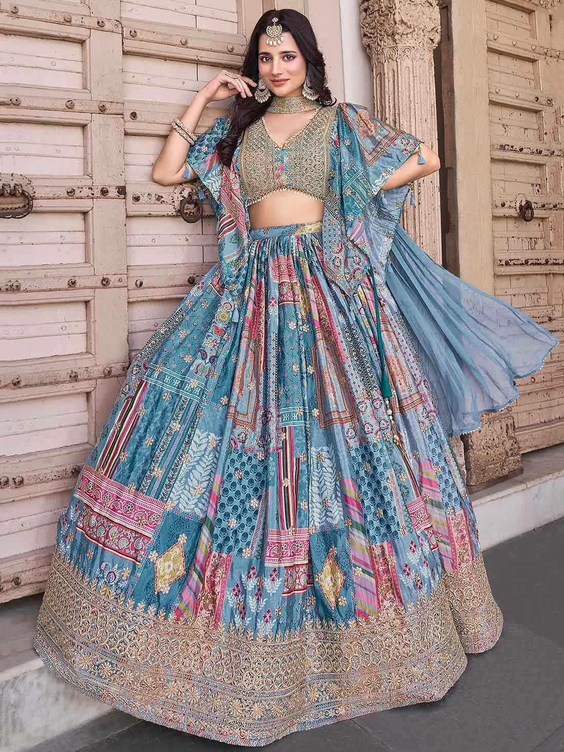 Sky Digital Print Embroidery Work Lehenga With Stylish Blouse With Pearl Work - qivii