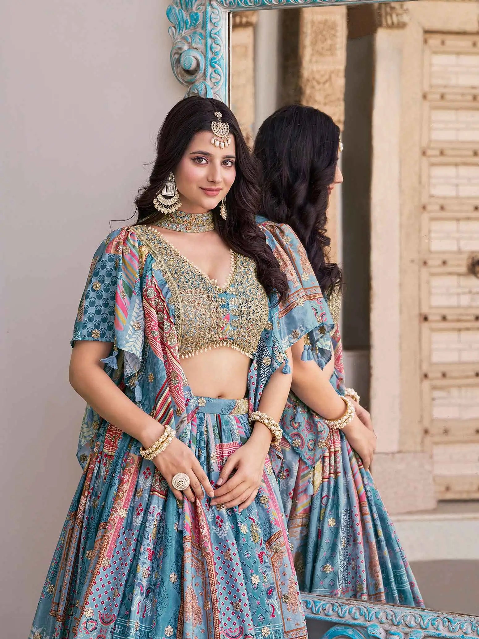 Sky Digital Print Embroidery Work Lehenga With Stylish Blouse With Pearl Work - qivii