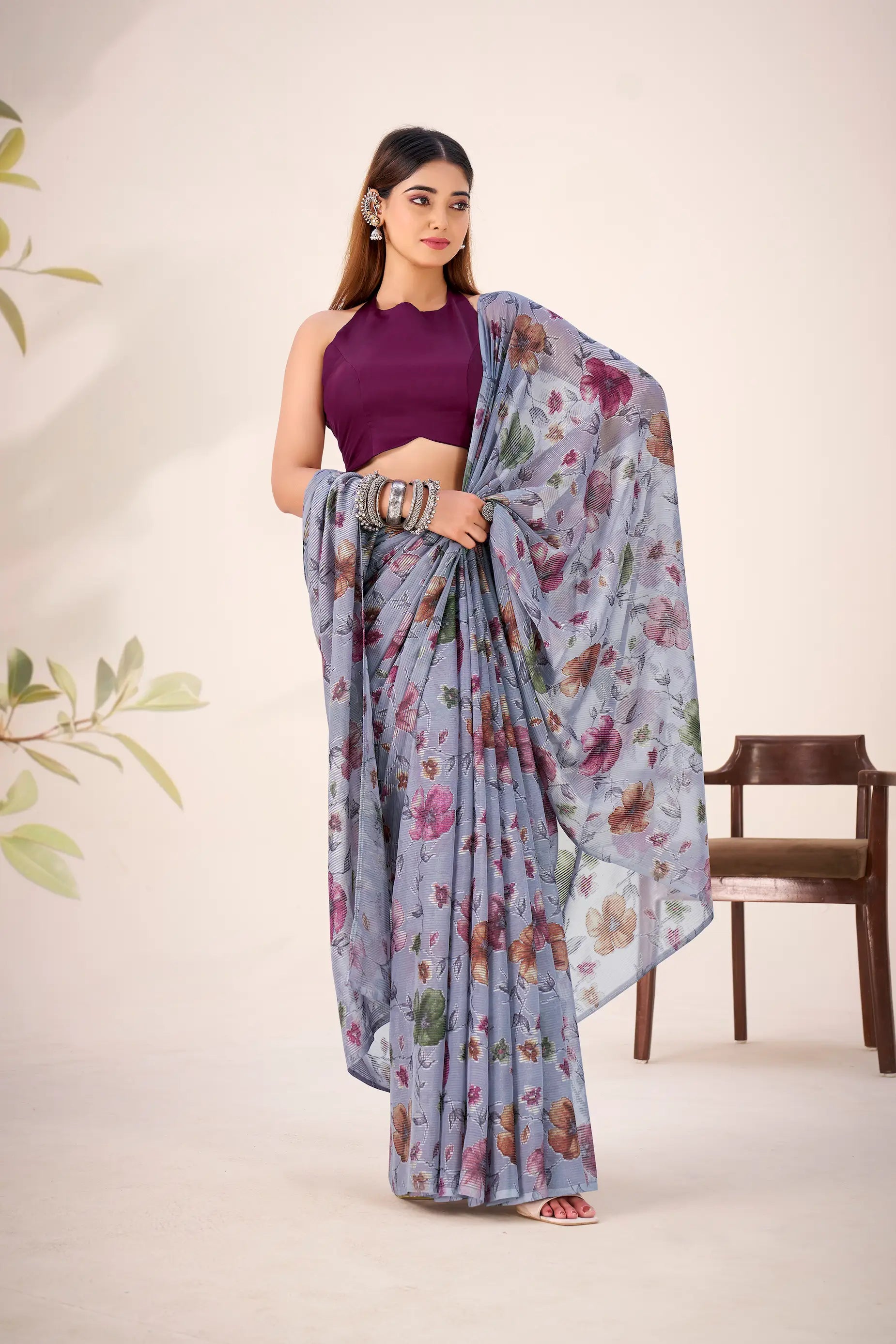Cool Grey Lurex Brasso Floral Saree