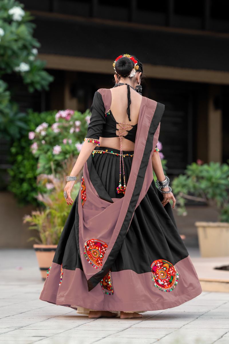 Dark peach color pure cotton lehenga with intricate gamthi and mirror work details