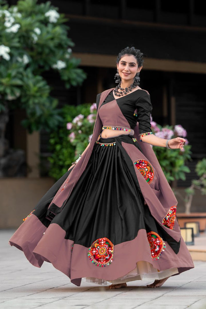 Dark peach color pure cotton lehenga with intricate Gamthi and mirror work detailing