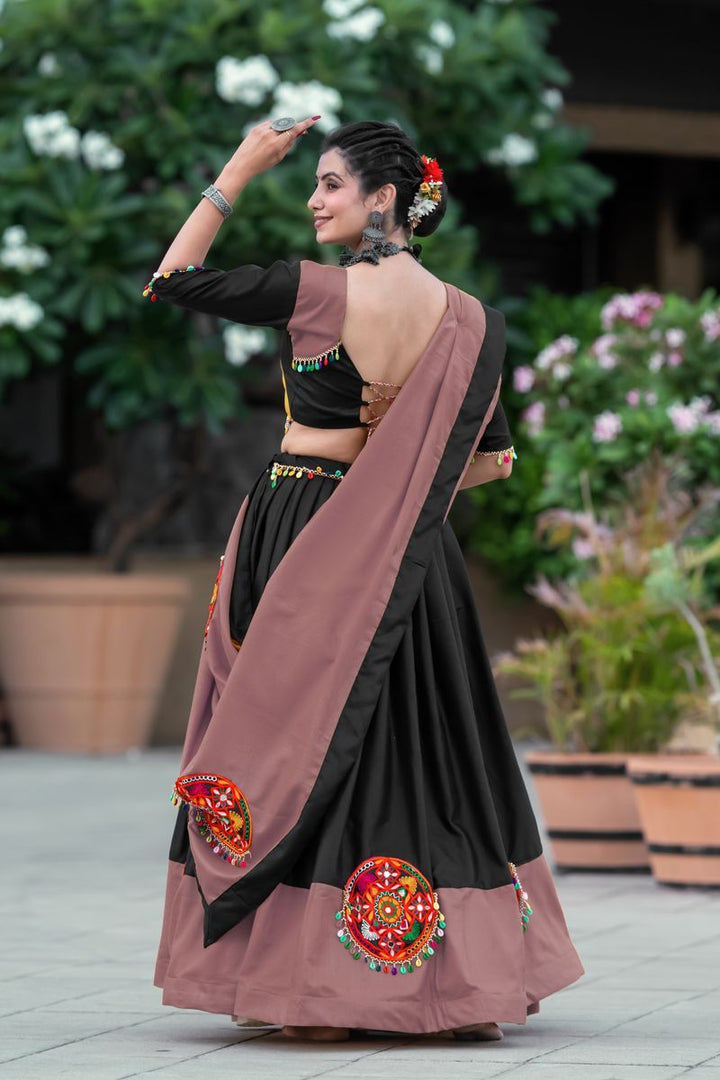 Dark Peach Color Pure Cotton Plain Lehenga with traditional Gamthi design and Mirror work