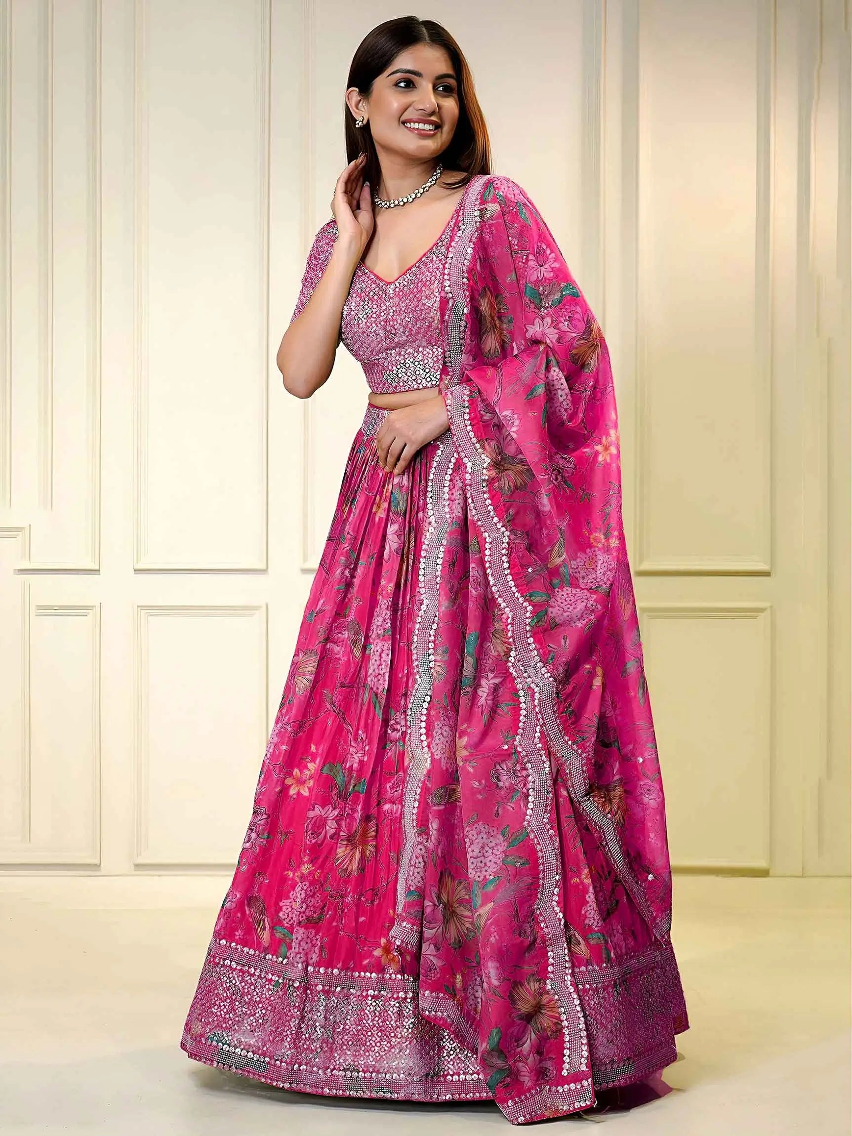 Pink Organza Lehenga with Sequins Work
