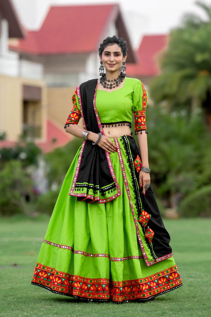 Parrot Green Color Pure Cotton (Fully Stitched) Plain With Gamthi Work & Black Cowrie (Kodi) Lace Touch Up