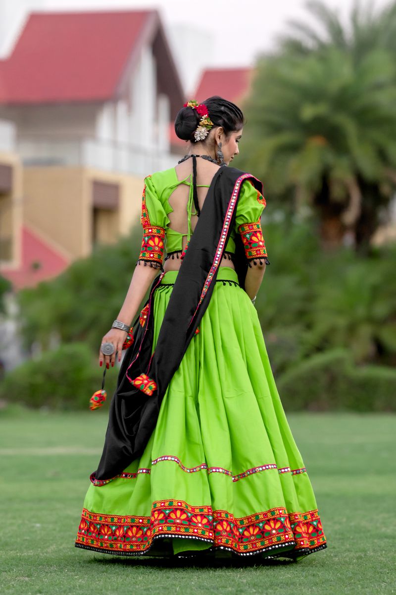 Parrot Green Color Pure Cotton (Fully Stitched) Plain With Gamthi Work & Black Cowrie (Kodi) Lace Touch Up