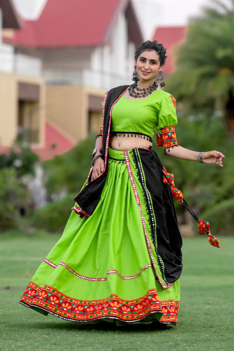 Parrot Green Color Pure Cotton (Fully Stitched) Plain With Gamthi Work & Black Cowrie (Kodi) Lace Touch Up