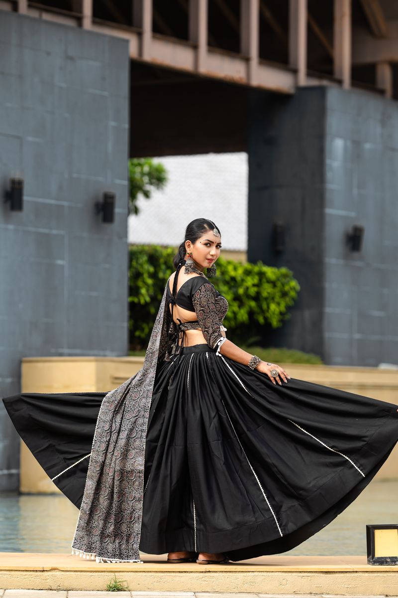 Black Color Pure Cotton Plain And Printed With gotta, Cowrie (Kodi) Work Touchup Lehenga