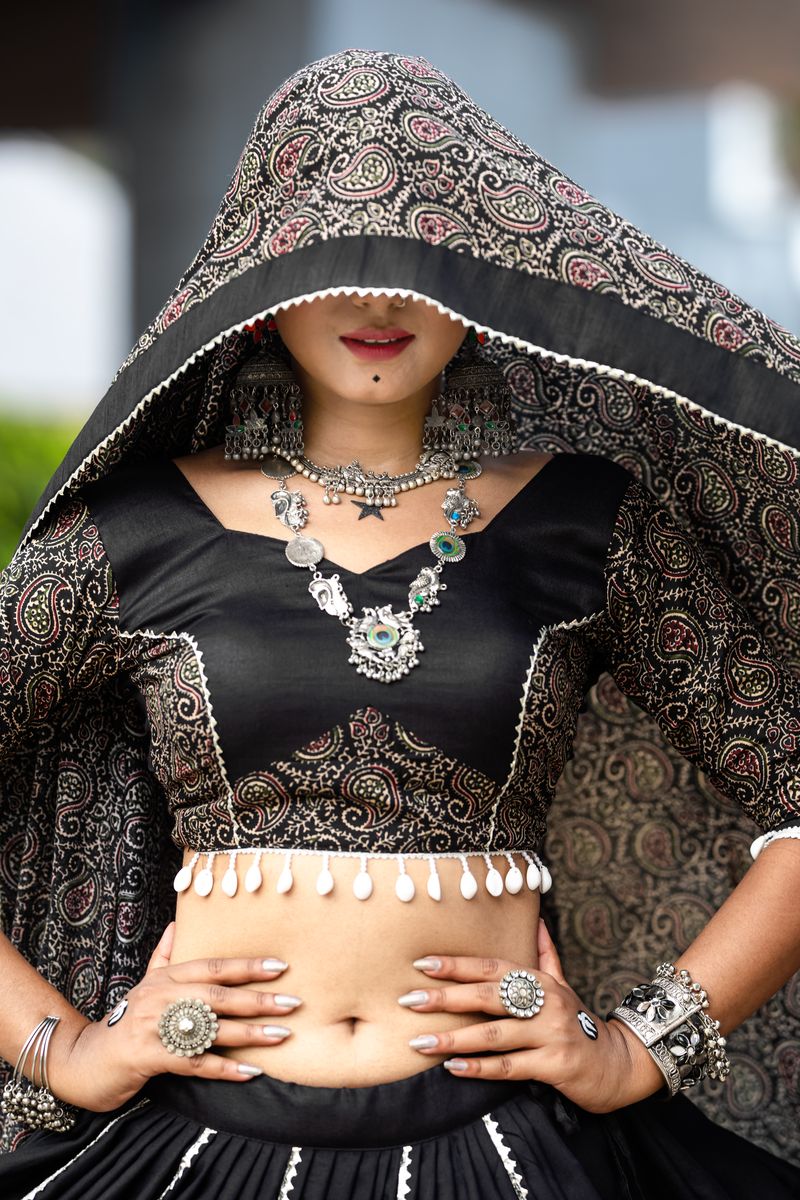 Black Color Pure Cotton Plain And Printed With gotta, Cowrie (Kodi) Work Touchup Lehenga