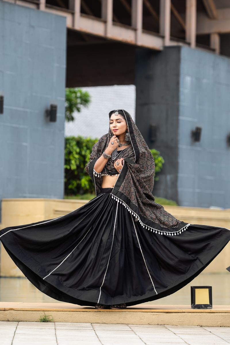 Black Color Pure Cotton Plain And Printed With gotta, Cowrie (Kodi) Work Touchup Lehenga