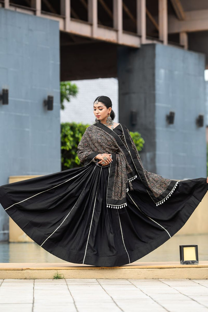 Black Color Pure Cotton Plain And Printed With gotta, Cowrie (Kodi) Work Touchup Lehenga