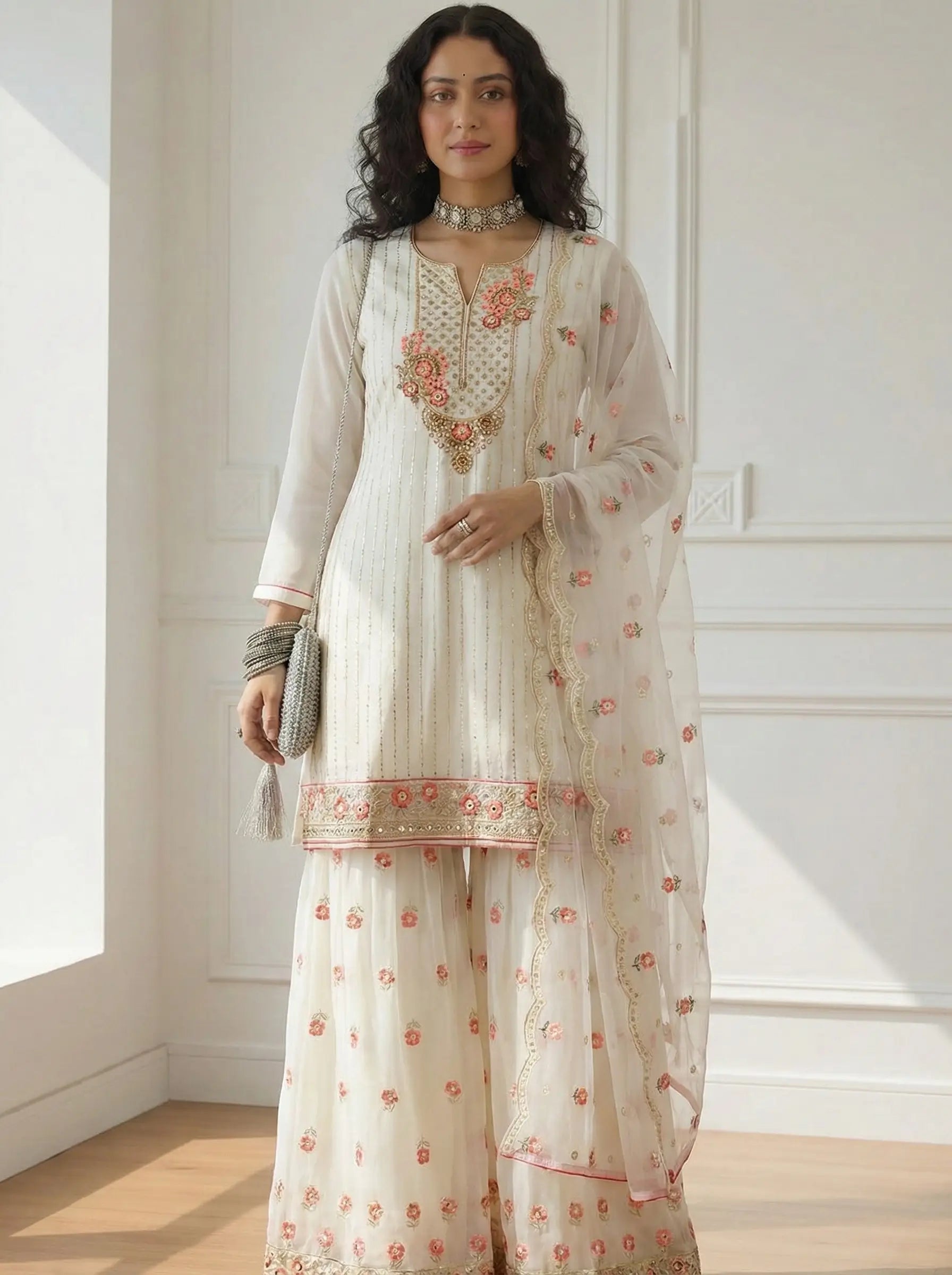 Beige Khatali &  Embroidery Work Sharara Suit