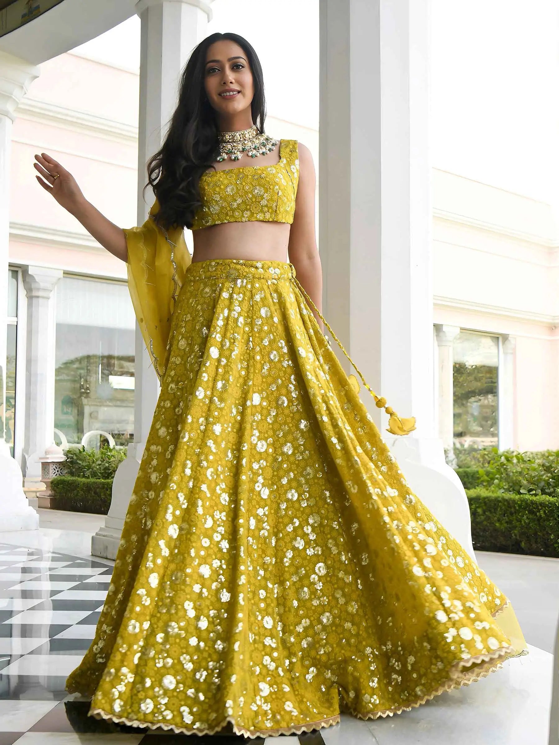 Olive Sequins Embroidered Lehenga Choli