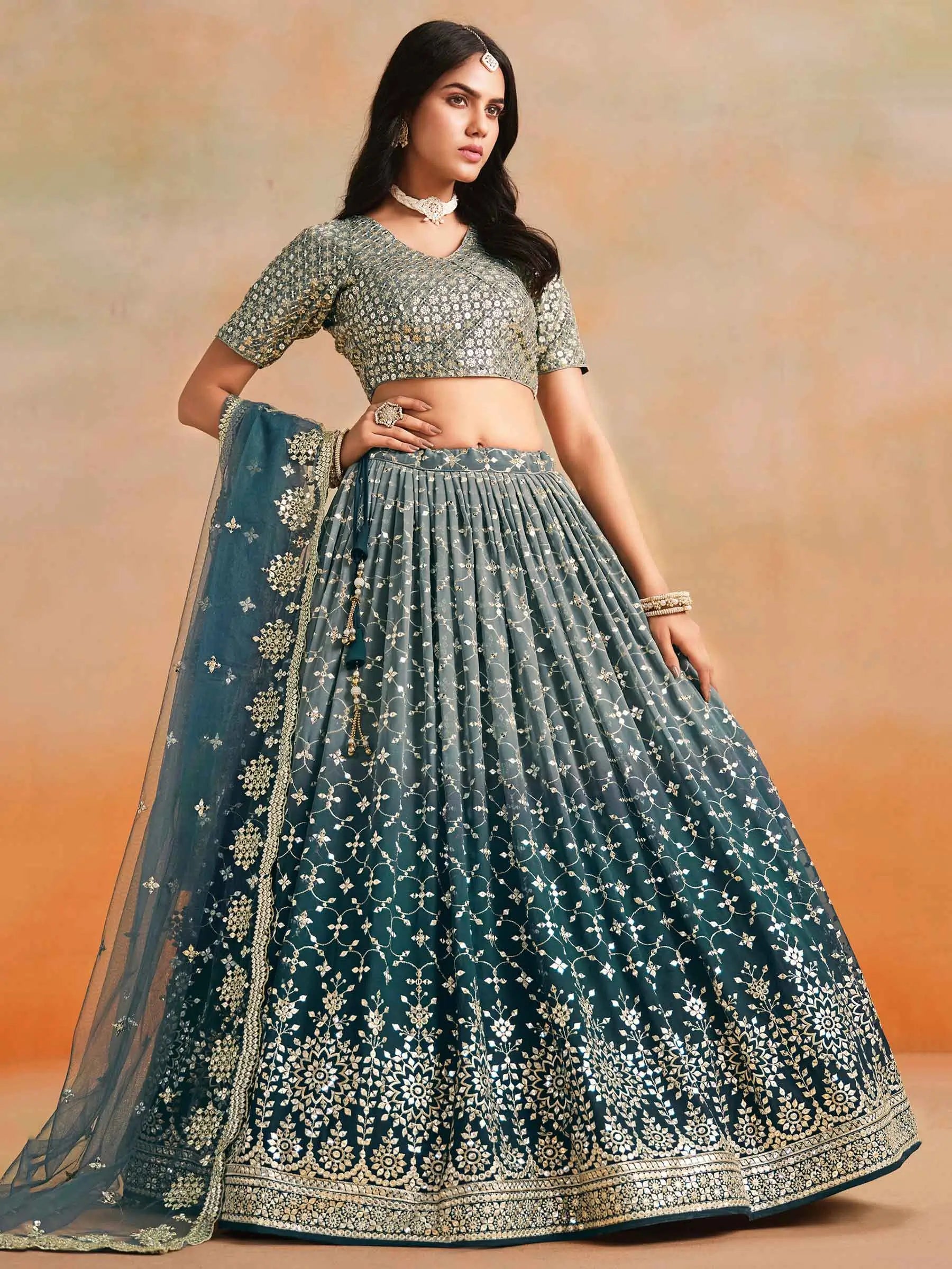 Blue To Grey Gradient Georgette Lehenga With Zari Sequins Embroidery Work - qivii