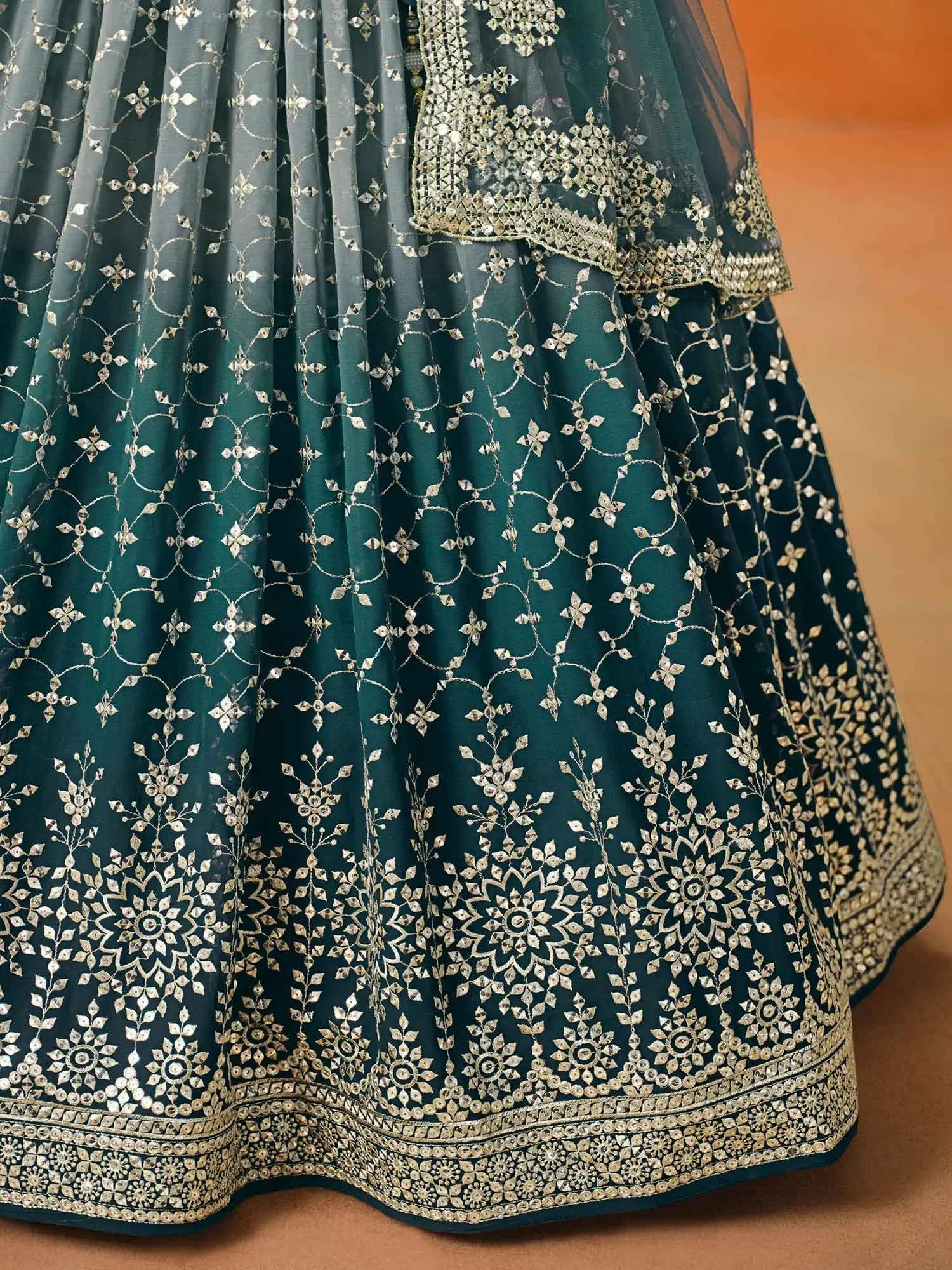 Blue To Grey Gradient Georgette Lehenga With Zari Sequins Embroidery Work - qivii