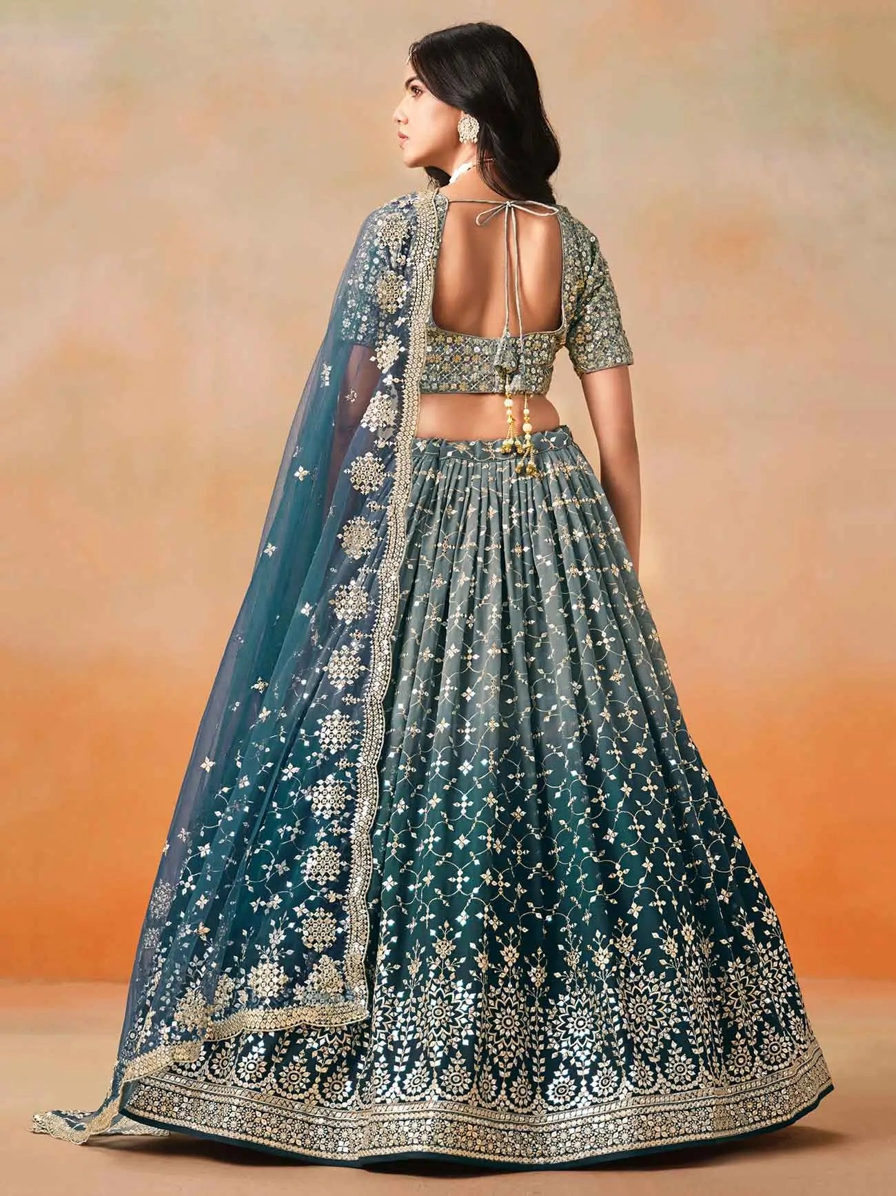 Blue To Grey Gradient Georgette Lehenga With Zari Sequins Embroidery Work - qivii