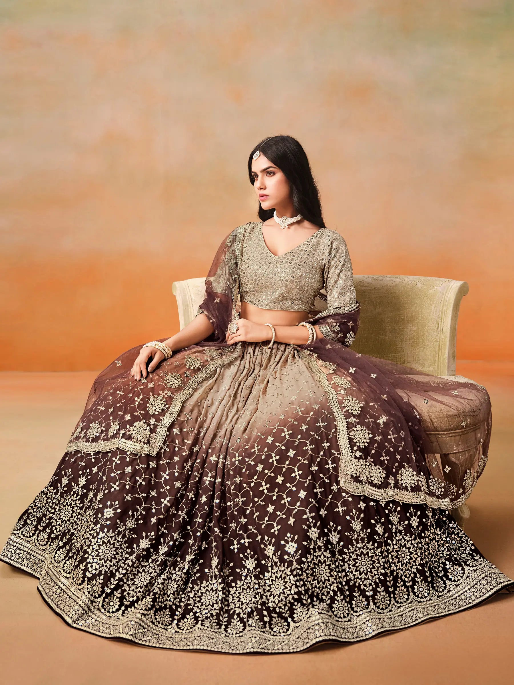 Beige To Brown Gradient Georgette Lehenga With Zari Sequins Embroidery Work - qivii
