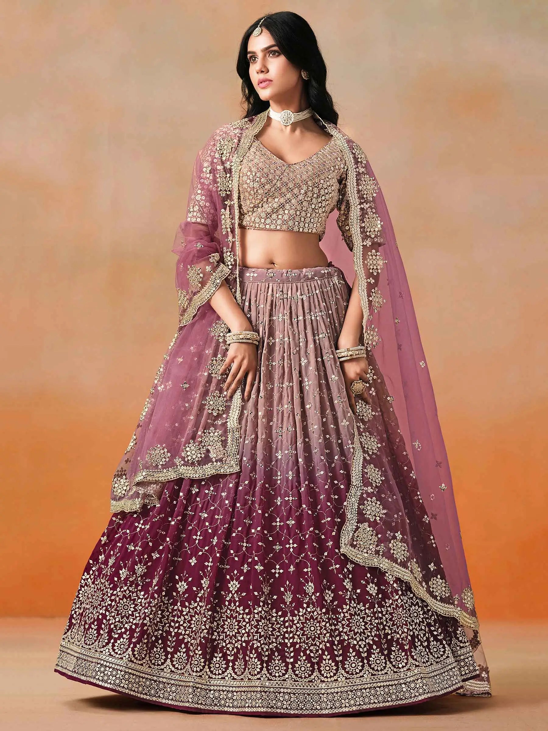 Maroon To Mauve Gradient Georgette Lehenga With Zari Sequins Embroidery Work - qivii
