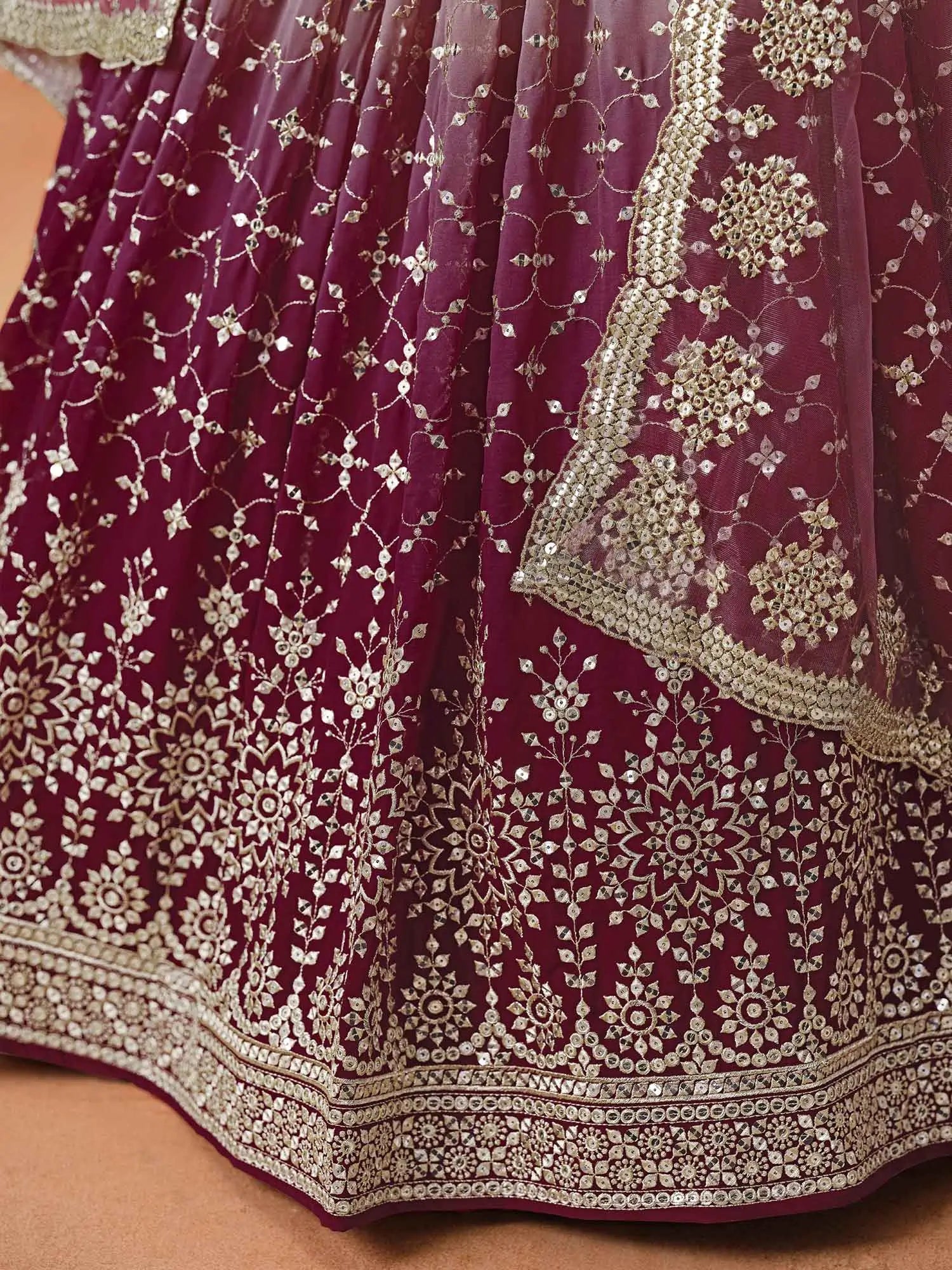 Maroon To Mauve Gradient Georgette Lehenga With Zari Sequins Embroidery Work - qivii