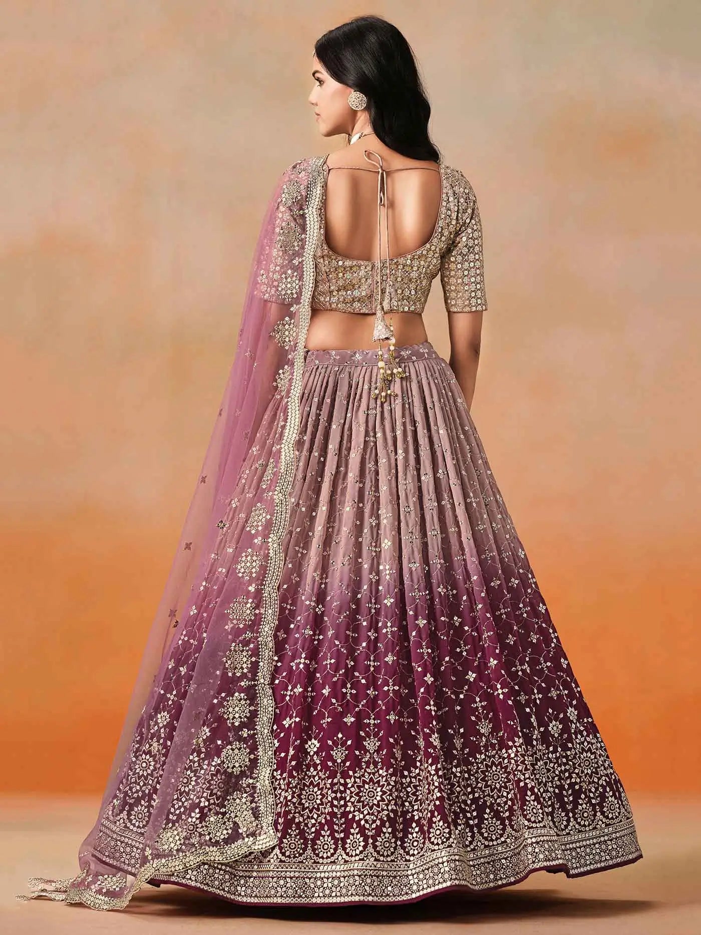 Maroon To Mauve Gradient Georgette Lehenga With Zari Sequins Embroidery Work - qivii