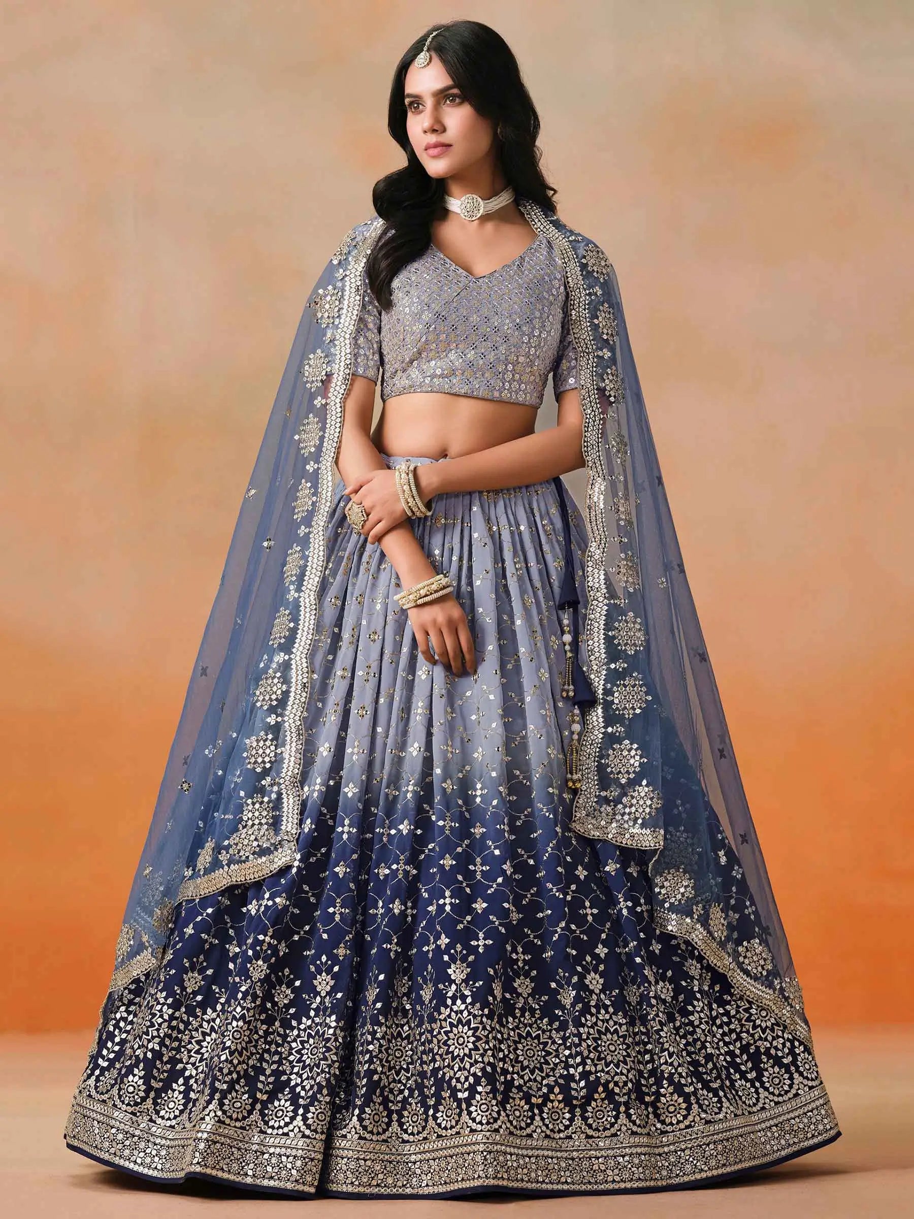 Navy Blue Gradient Georgette Lehenga With Zari Sequins Embroidery Work - qivii
