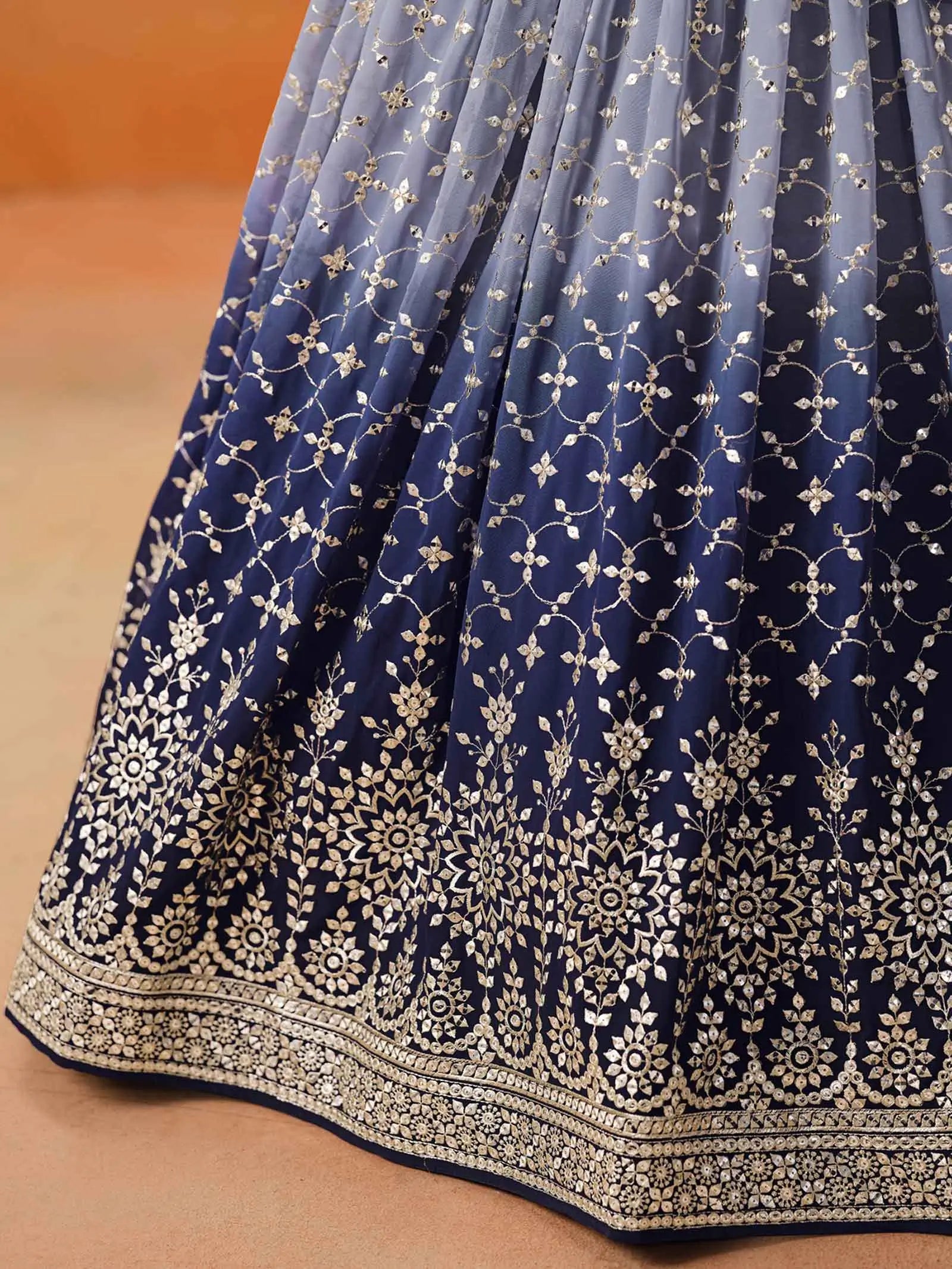 Navy Blue Gradient Georgette Lehenga With Zari Sequins Embroidery Work - qivii
