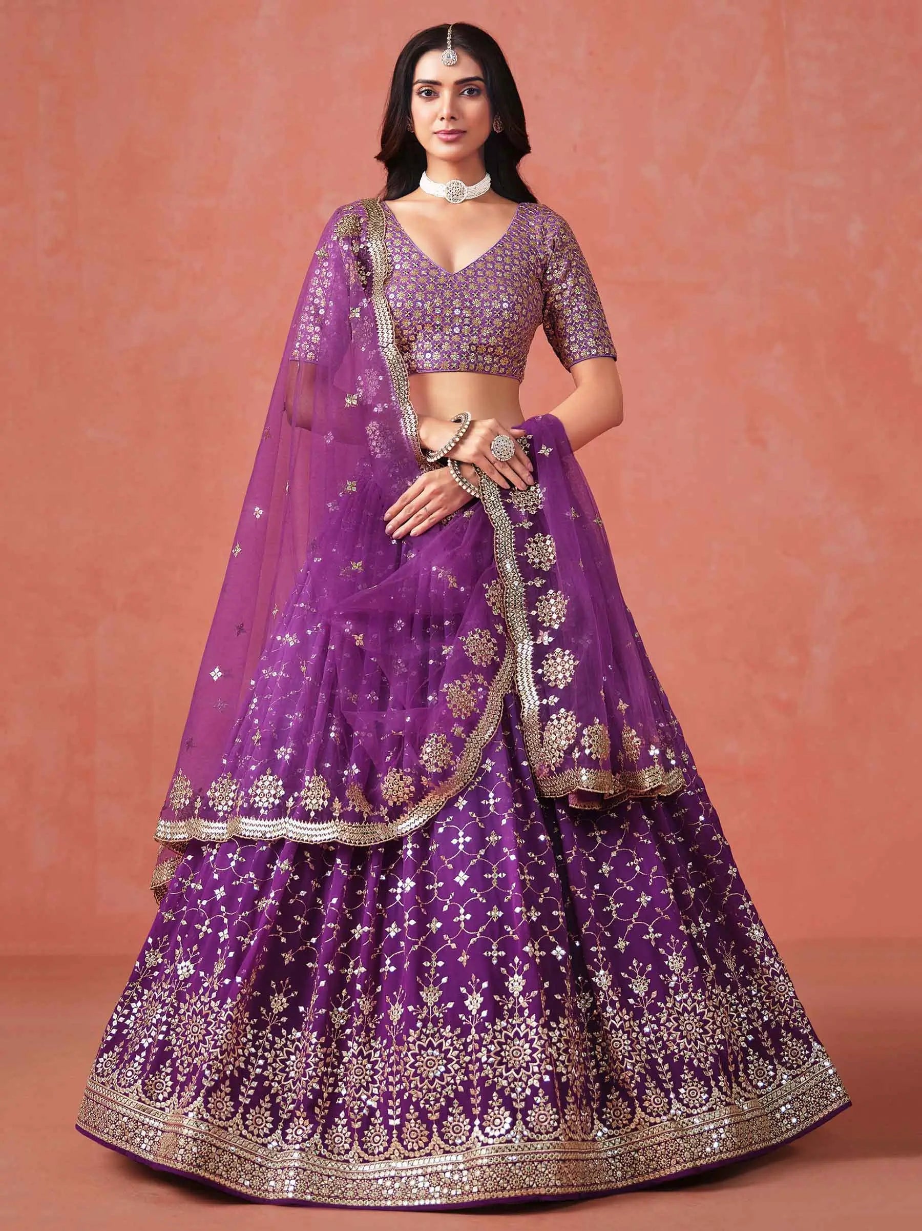 Purple Georgette Lehenga With Zari Multiple Sequins Embroidery Work - qivii