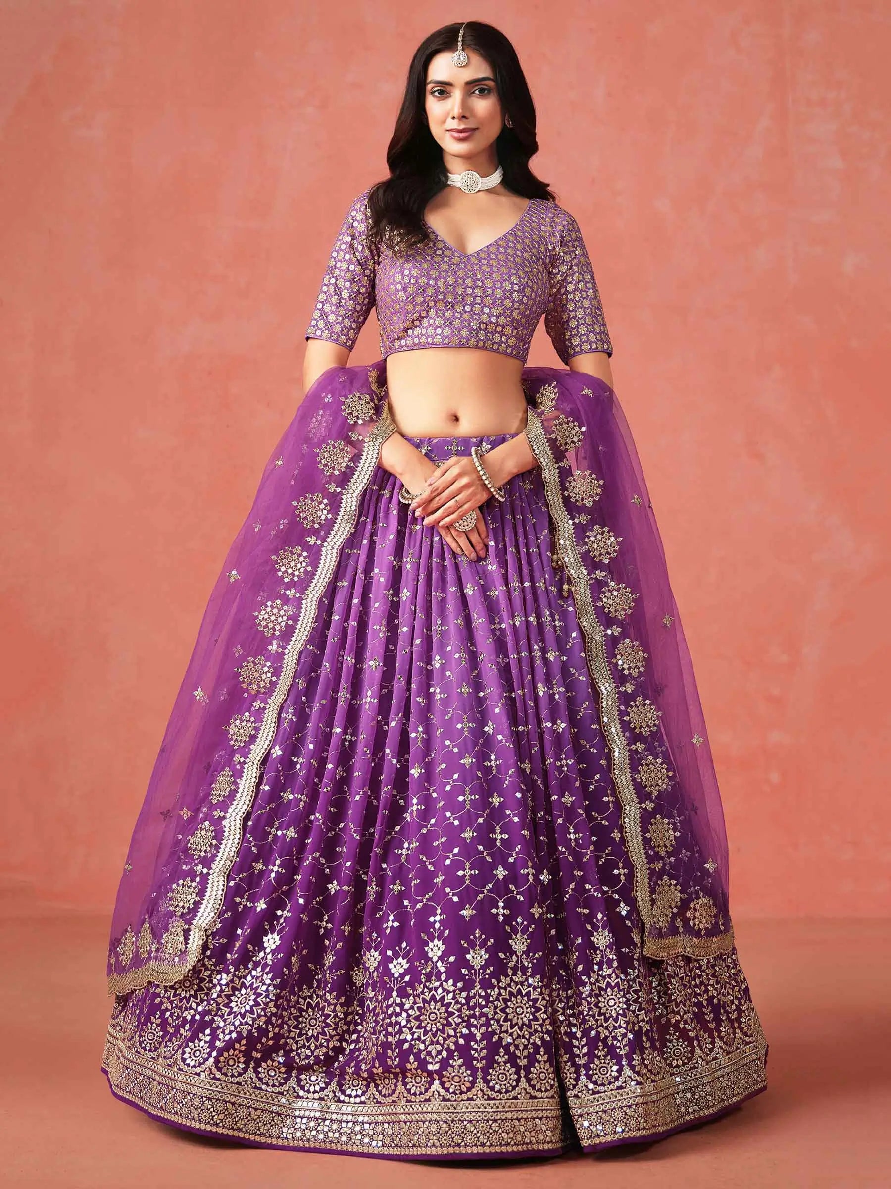 Purple Georgette Lehenga With Zari Multiple Sequins Embroidery Work - qivii