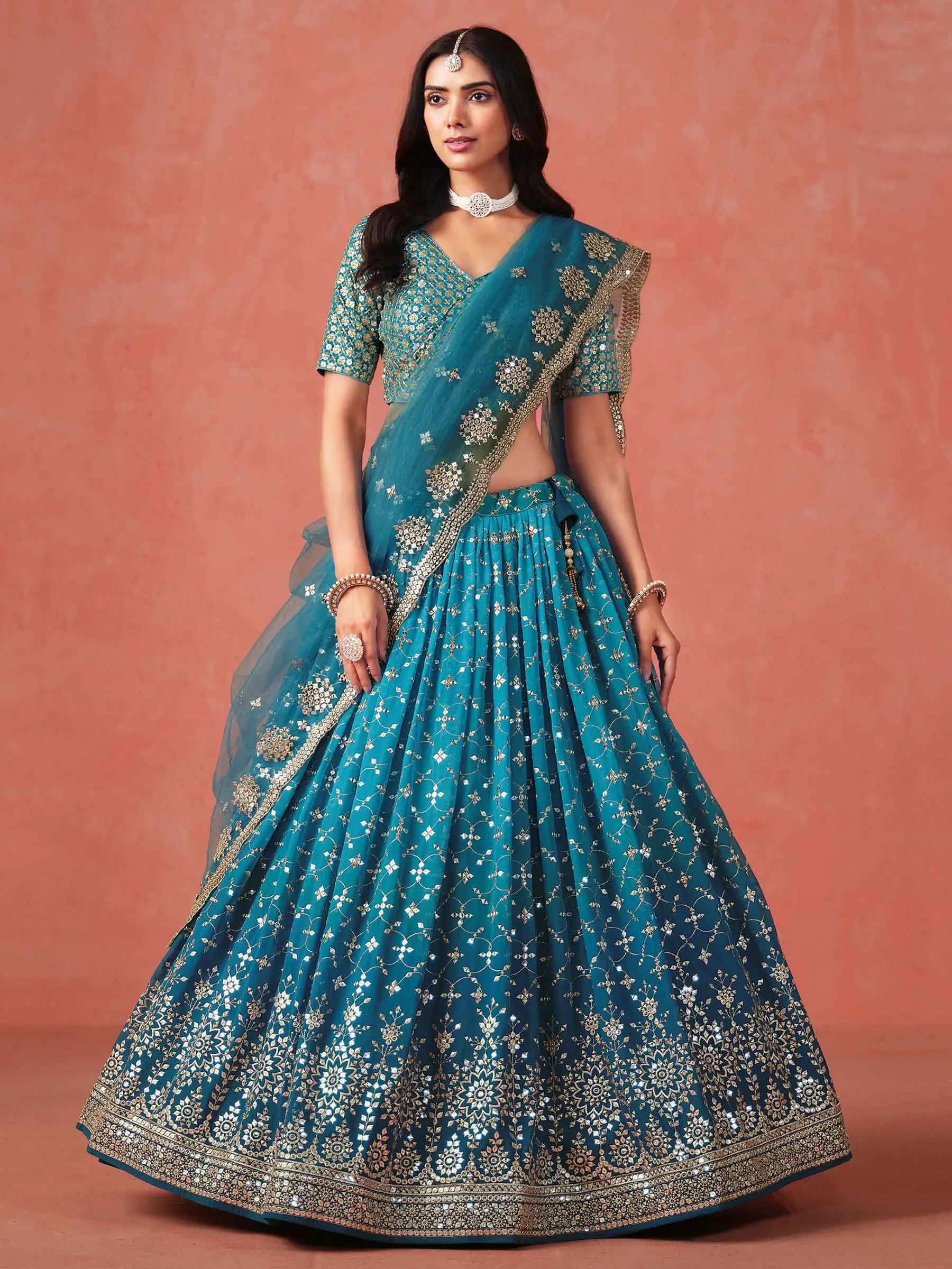Rama Blue Georgette Lehenga With Zari Multiple Sequins Embroidery Work - qivii
