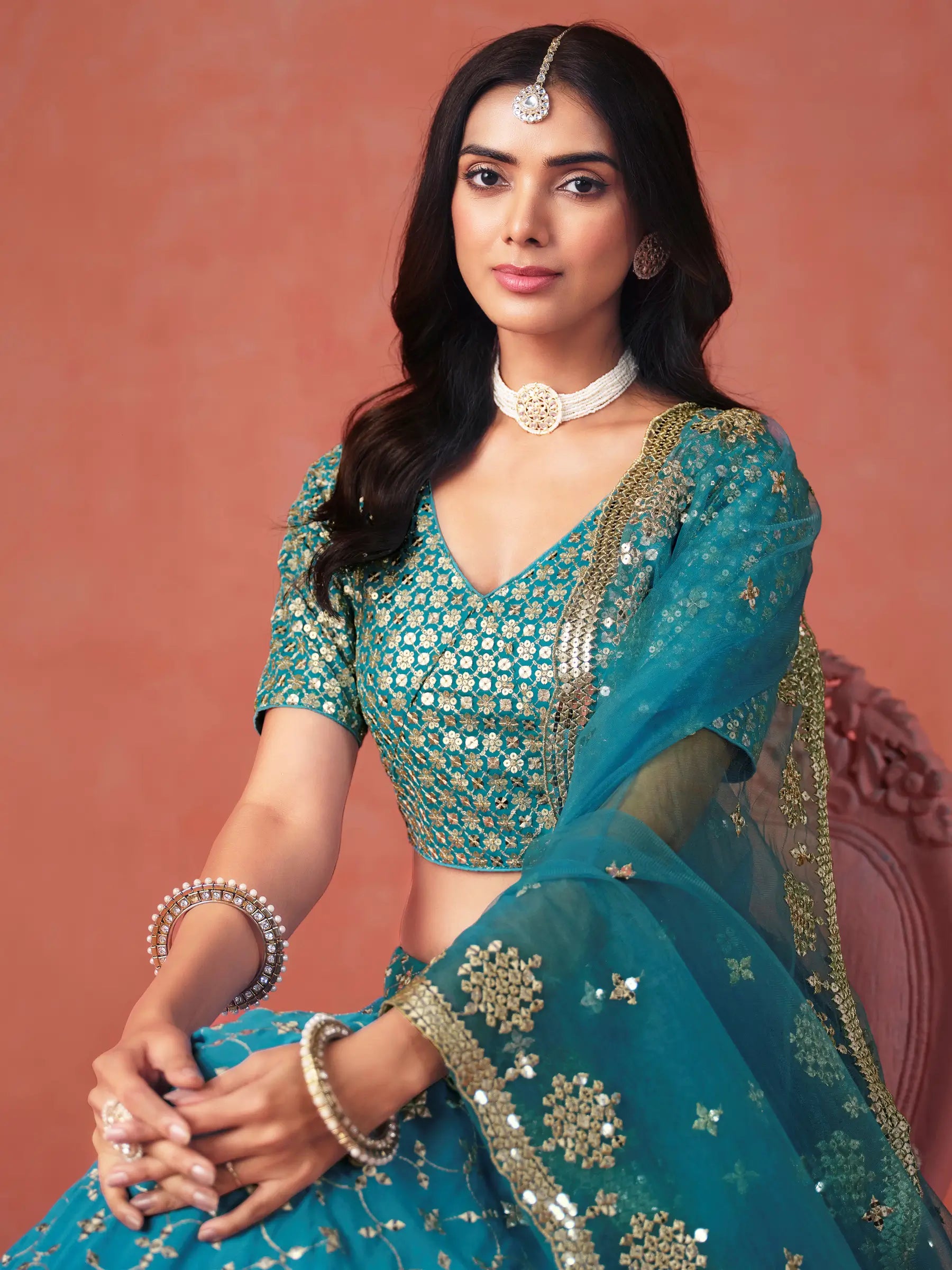 Rama Blue Georgette Lehenga With Zari Multiple Sequins Embroidery Work - qivii