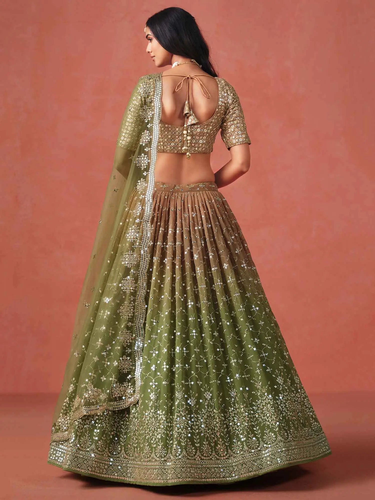 Mehndi Green Gradient Georgette Lehenga With Zari Sequins Embroidery Work - qivii