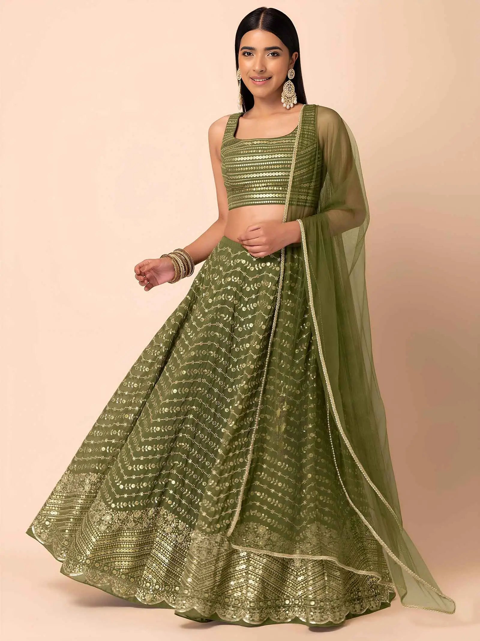 Green Sequins Embroidery Work Lehenga