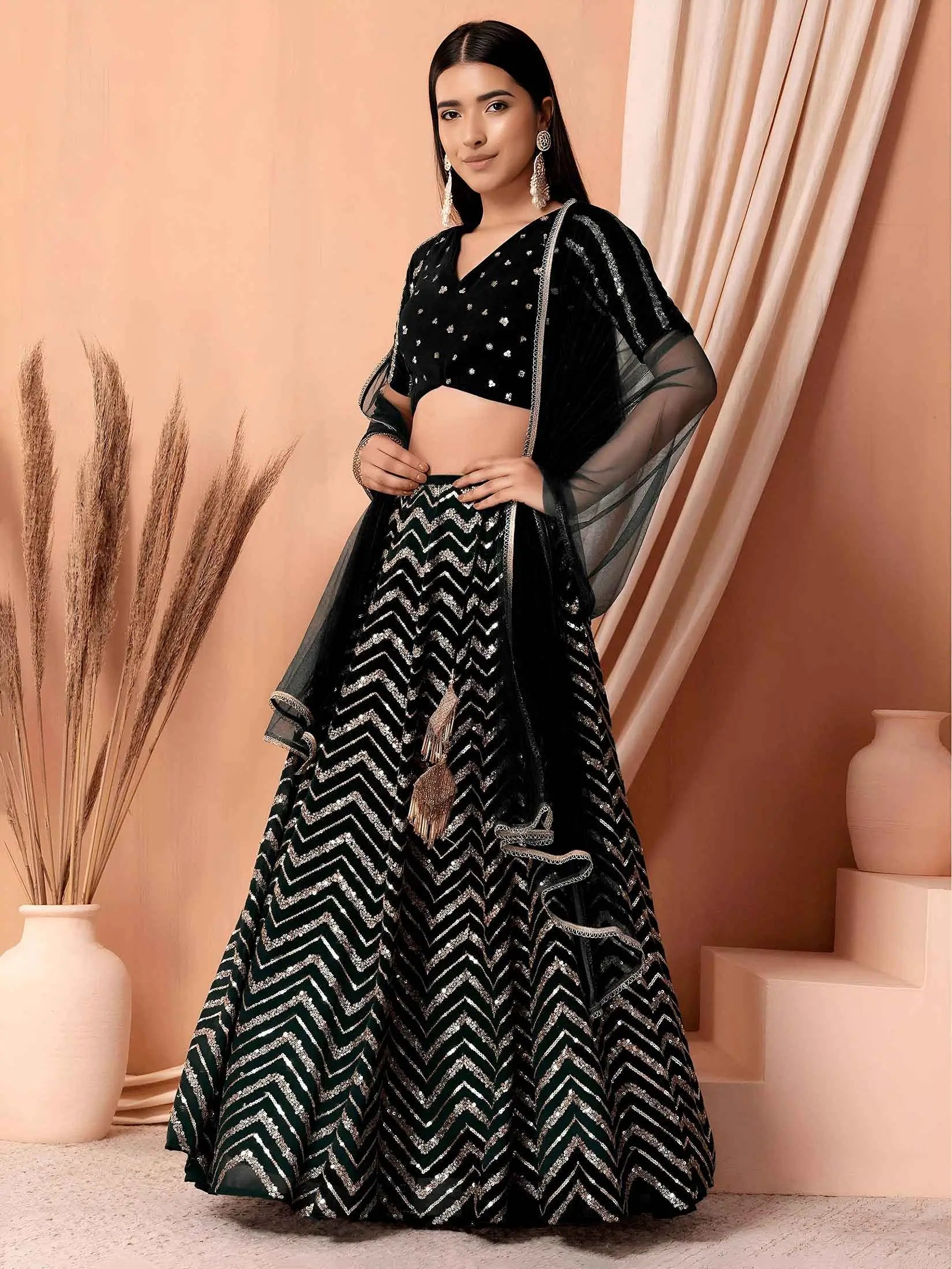 Black Georgette Sequins Zari Work Lehenga