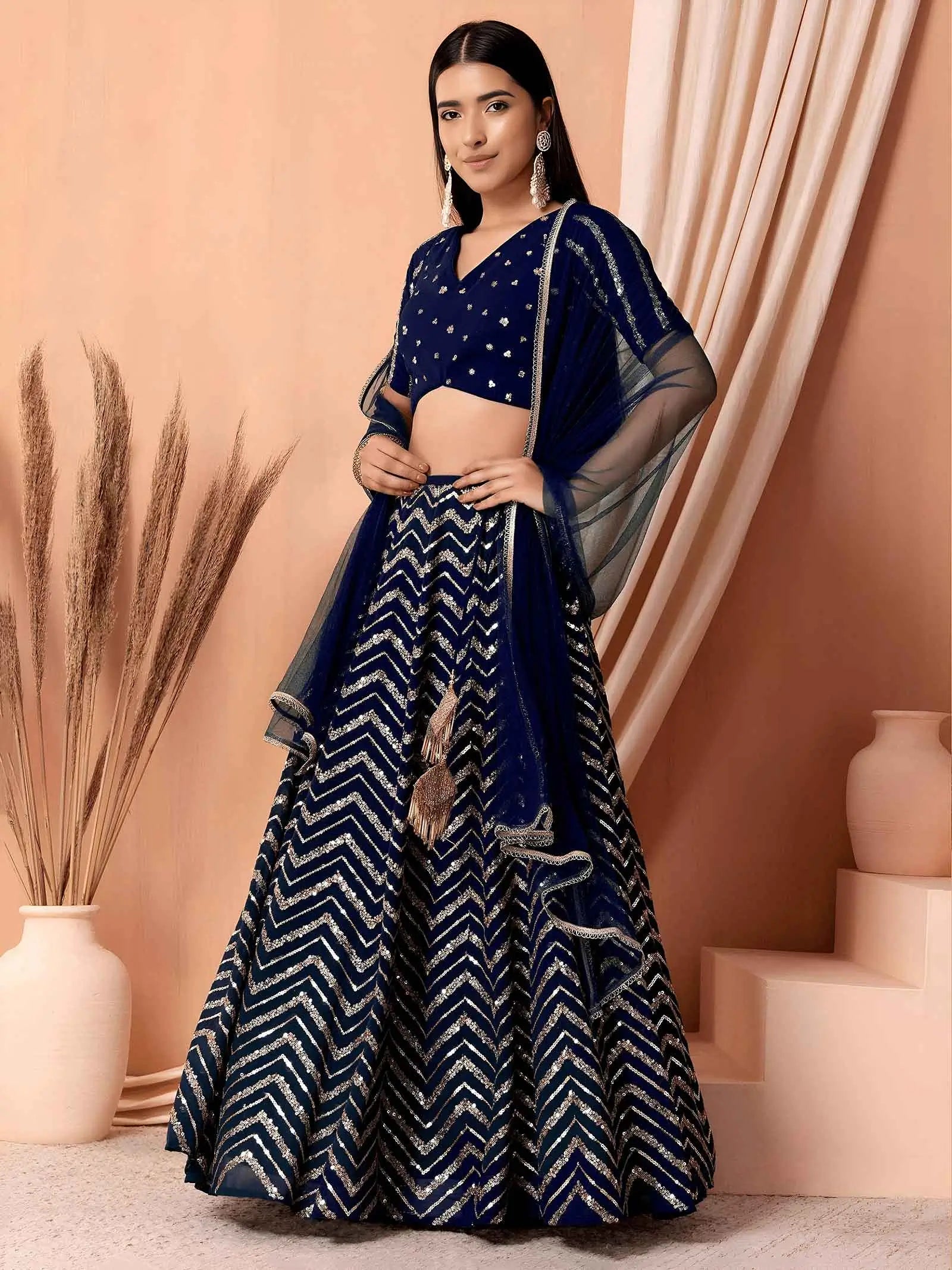 Navy Blue Georgette Embroidered Lehenga
