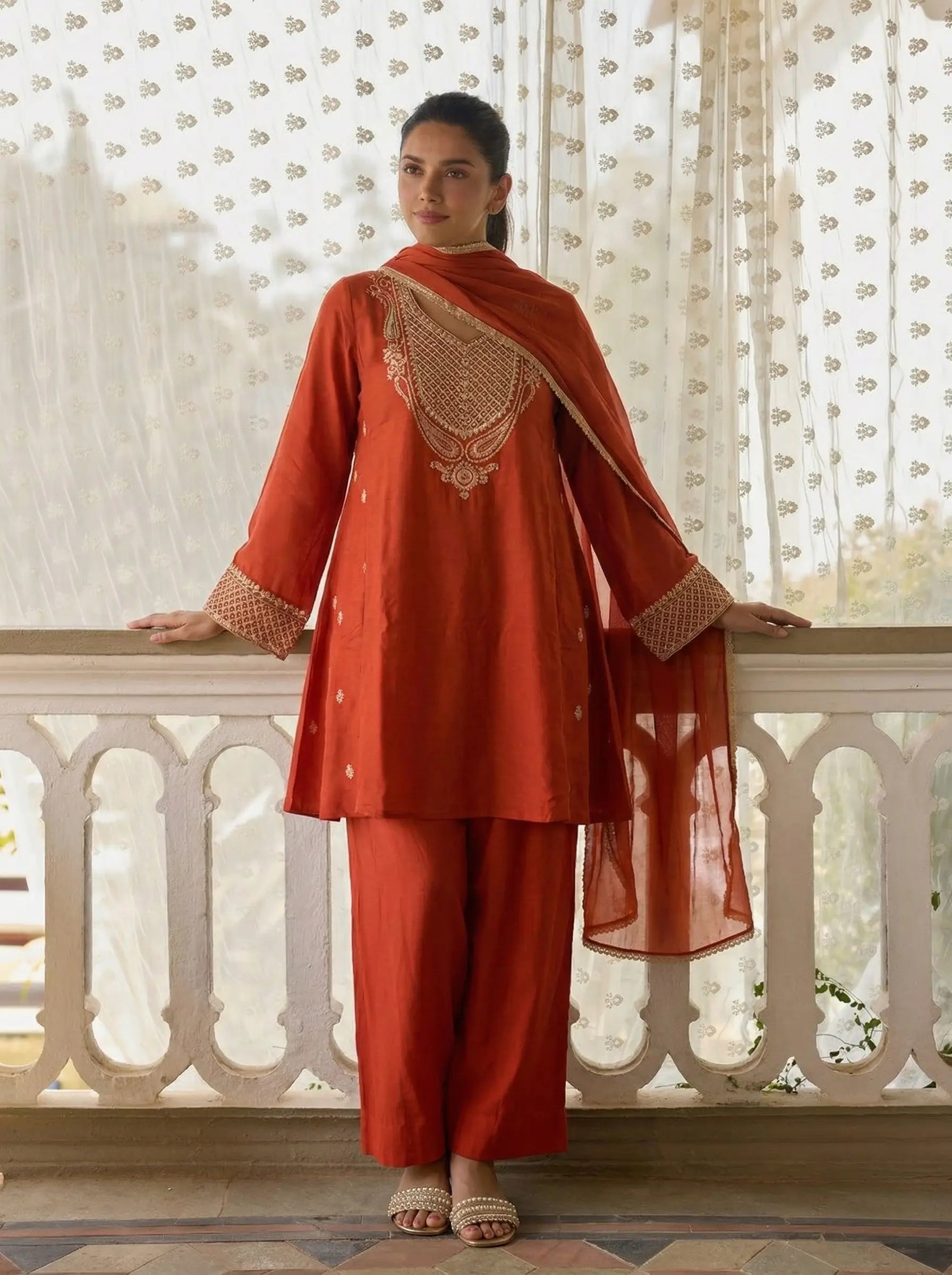 Rust Embroidered Silk A-Line Salwar Suit