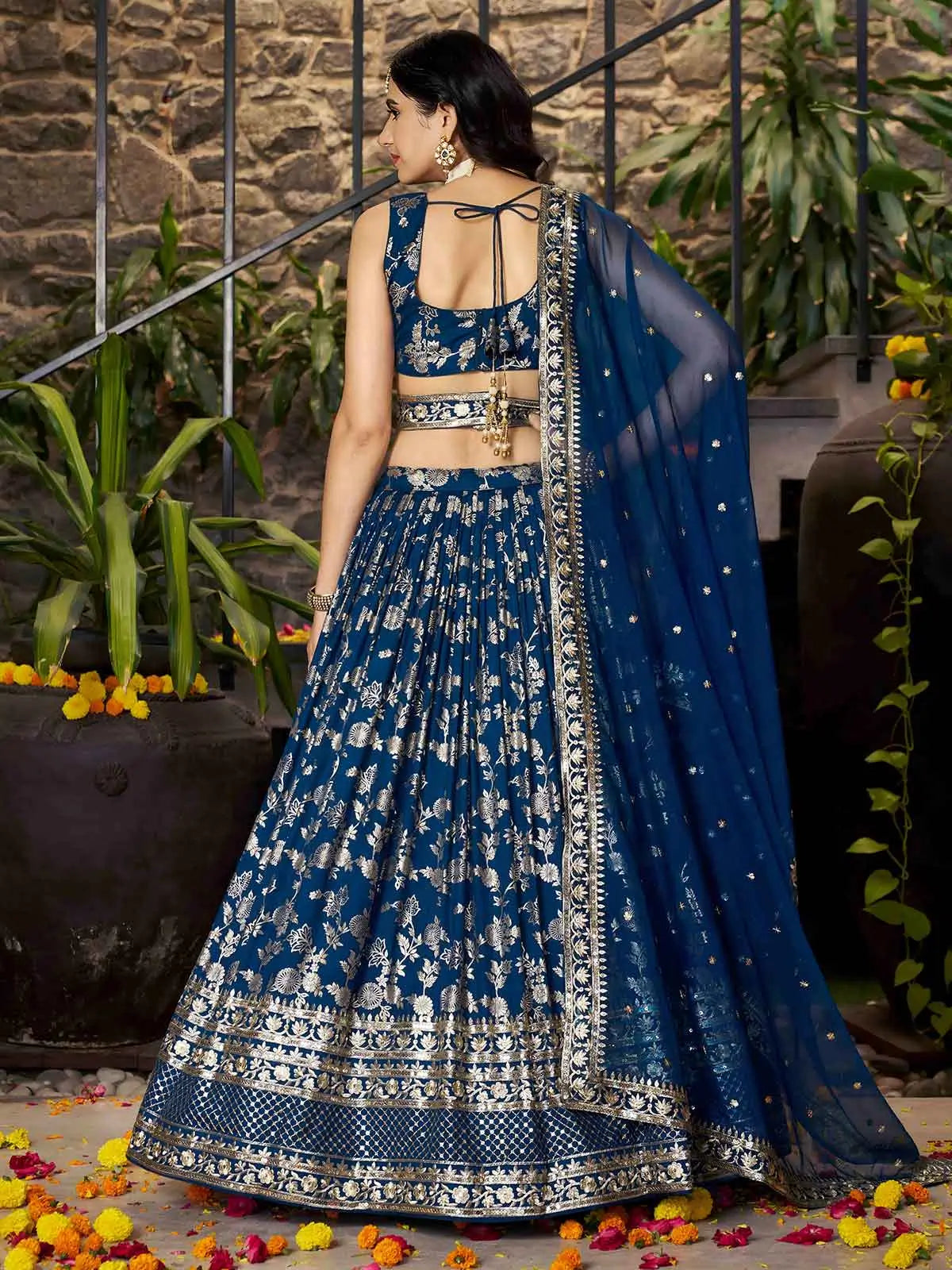 Dove Blue Jacquard Lehenga With Zari Sequins Embroidery Work - qivii