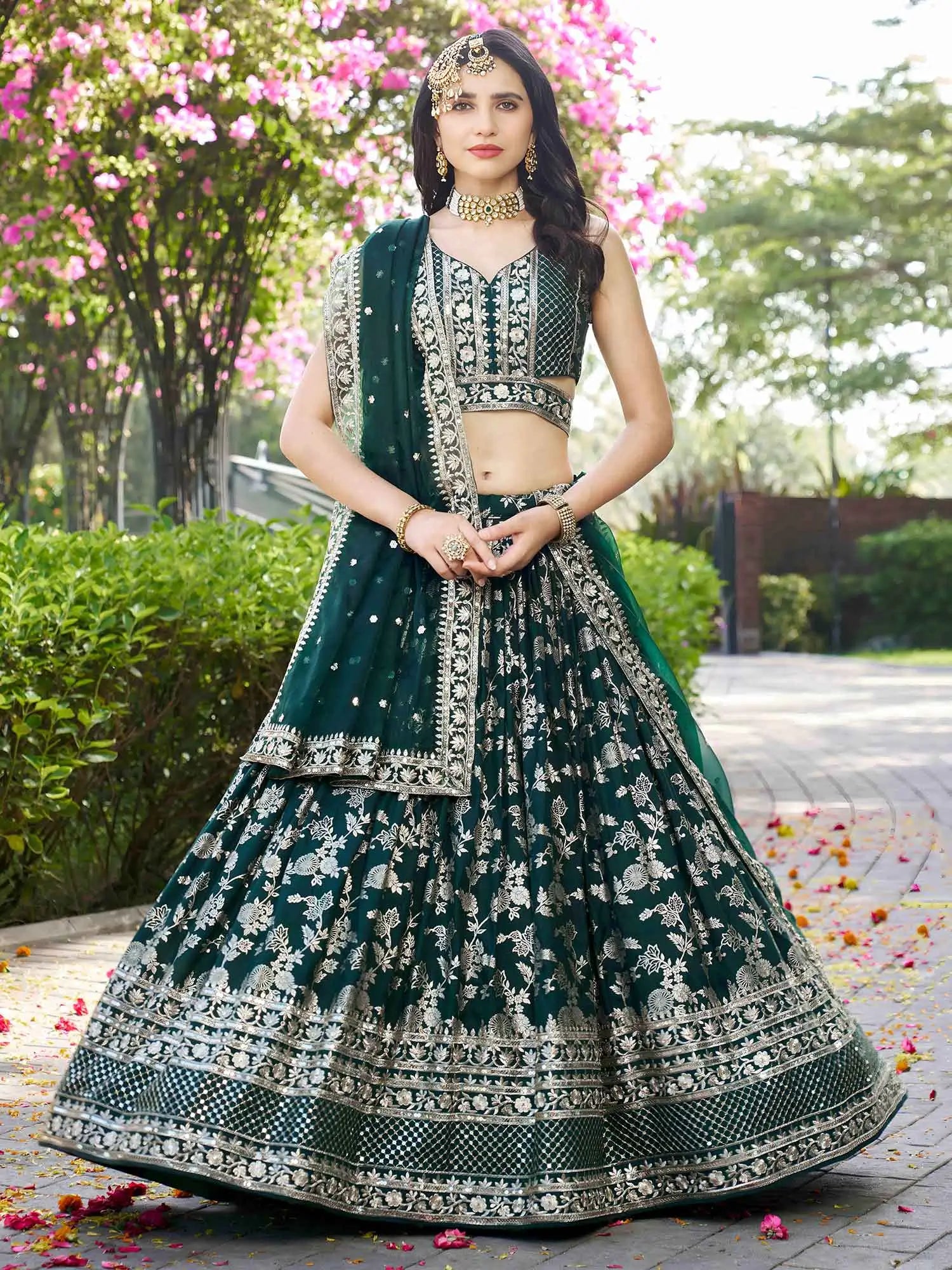 Designer Green Jacquard Lehenga With Zari Sequins Embroidery Work - qivii