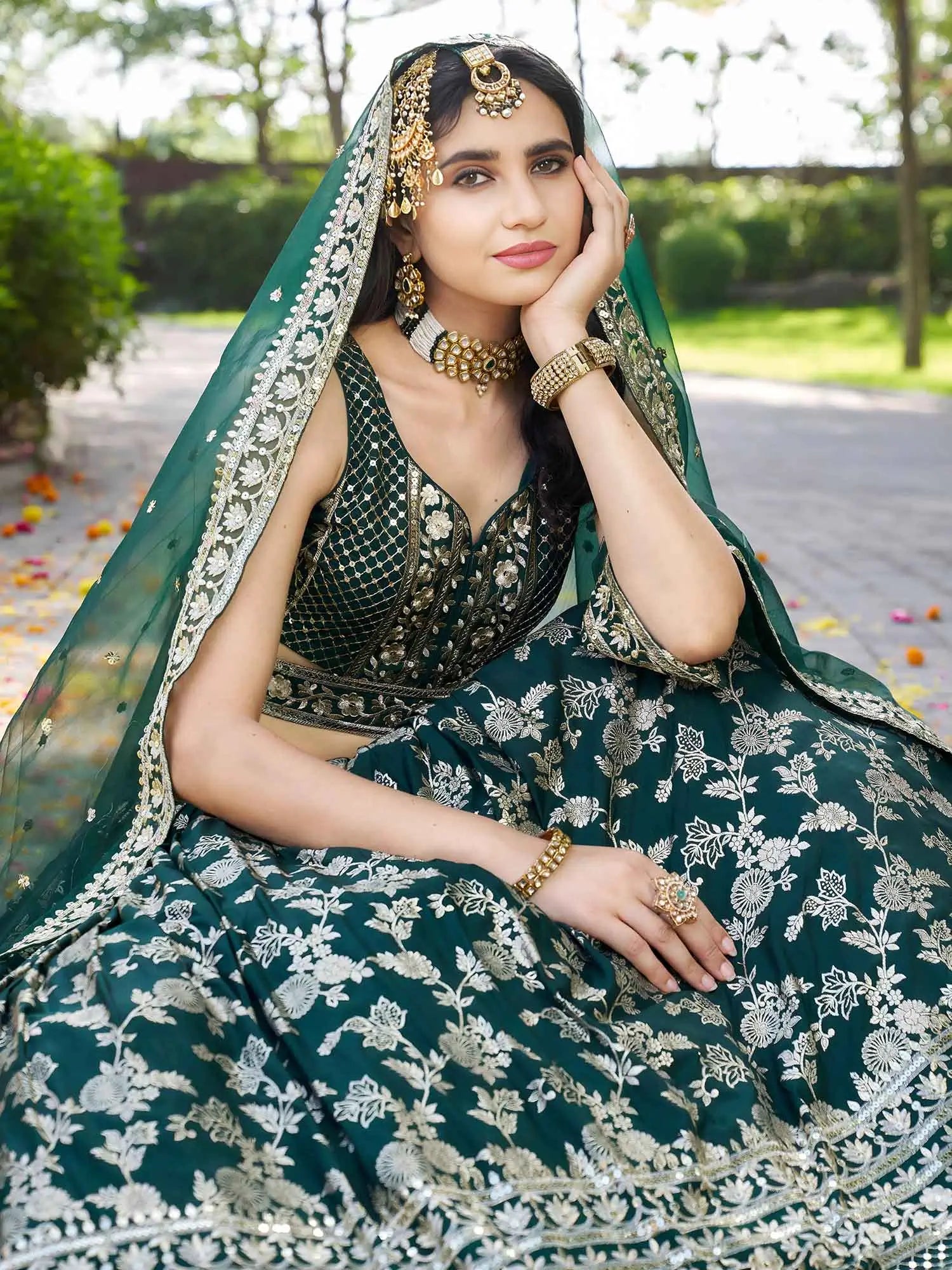 Designer Green Jacquard Lehenga With Zari Sequins Embroidery Work - qivii